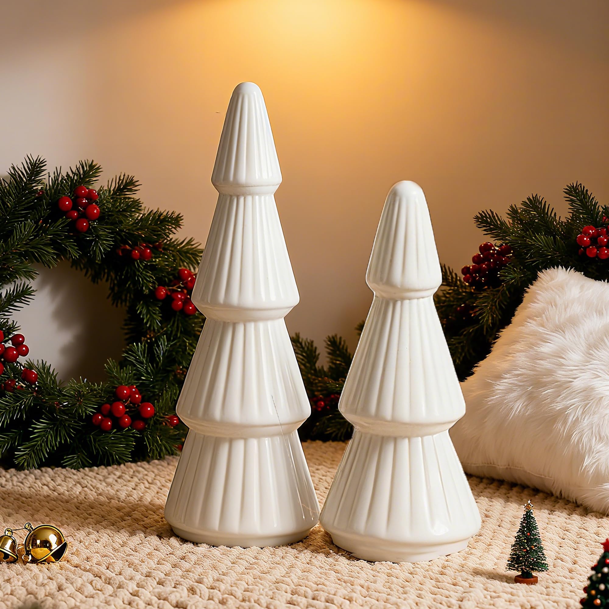 KORMMCO White Ceramic Christmas Tree Decor, Winter Decorations, Small Winter Farmhouse Christmas Tree Decor Set for Tabletop, Mantel, Tiered Tray, Vintage Xmas Decorations, Set of 2 9.6”& 7.5”