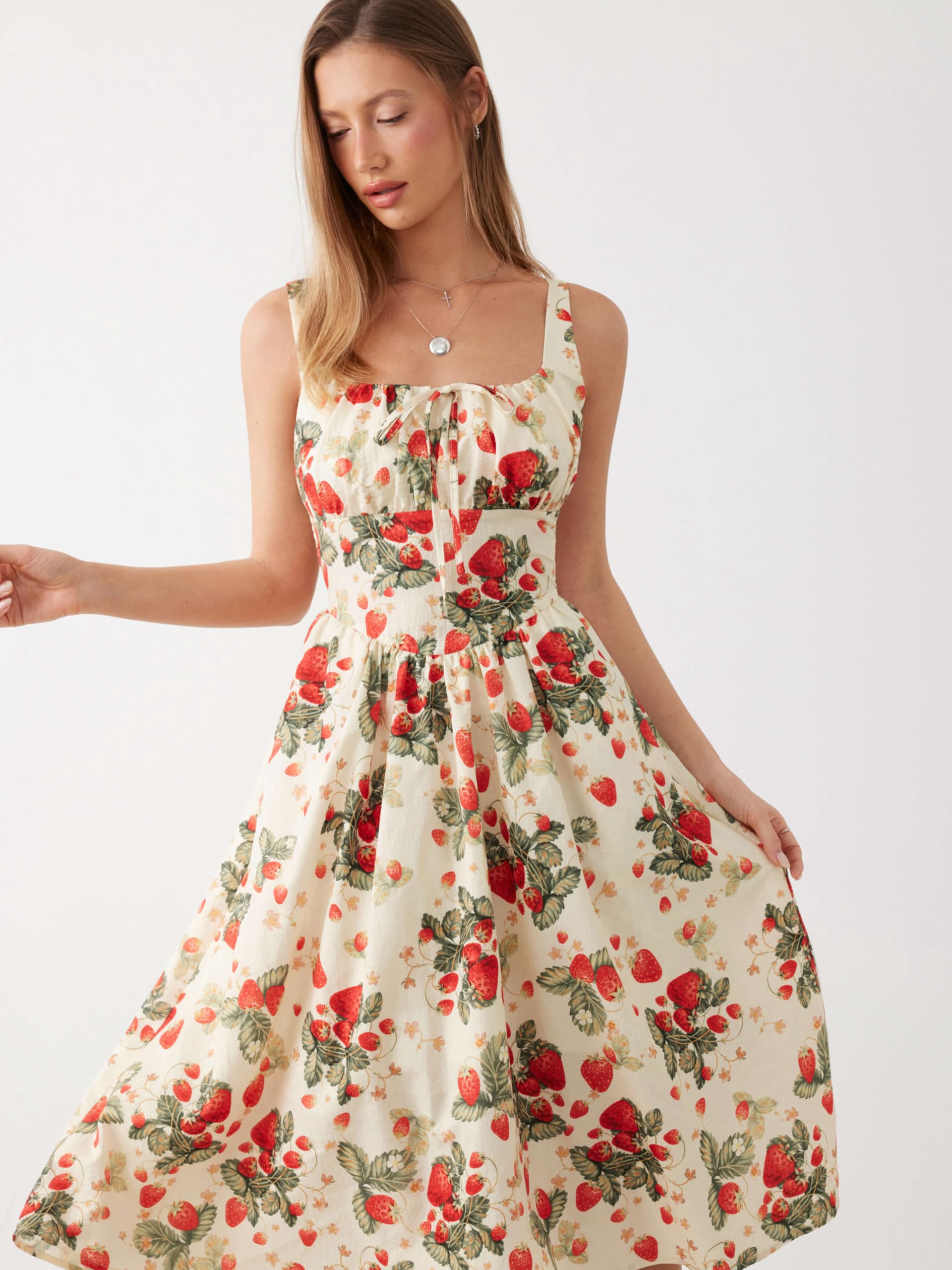 CIDER Damen-Maxikleid mit Erdbeer-Blumenmuster, ärmellos, quadratischer Ausschnitt, fließendes Milchmädchen-Kleid, Cottage-Kern, trendige Sommer-Outfits