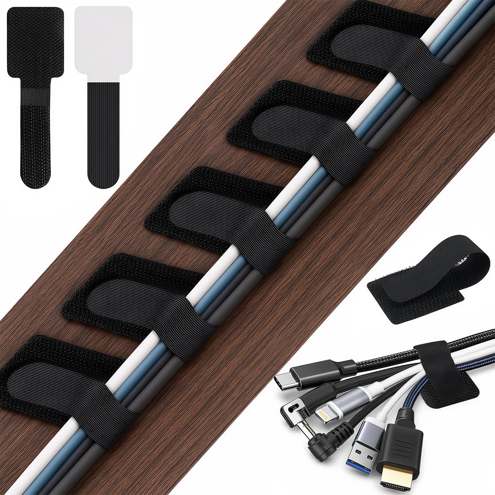 100 PCS Black Under Desk Cable Management, Self Adhesive Cable Tidy