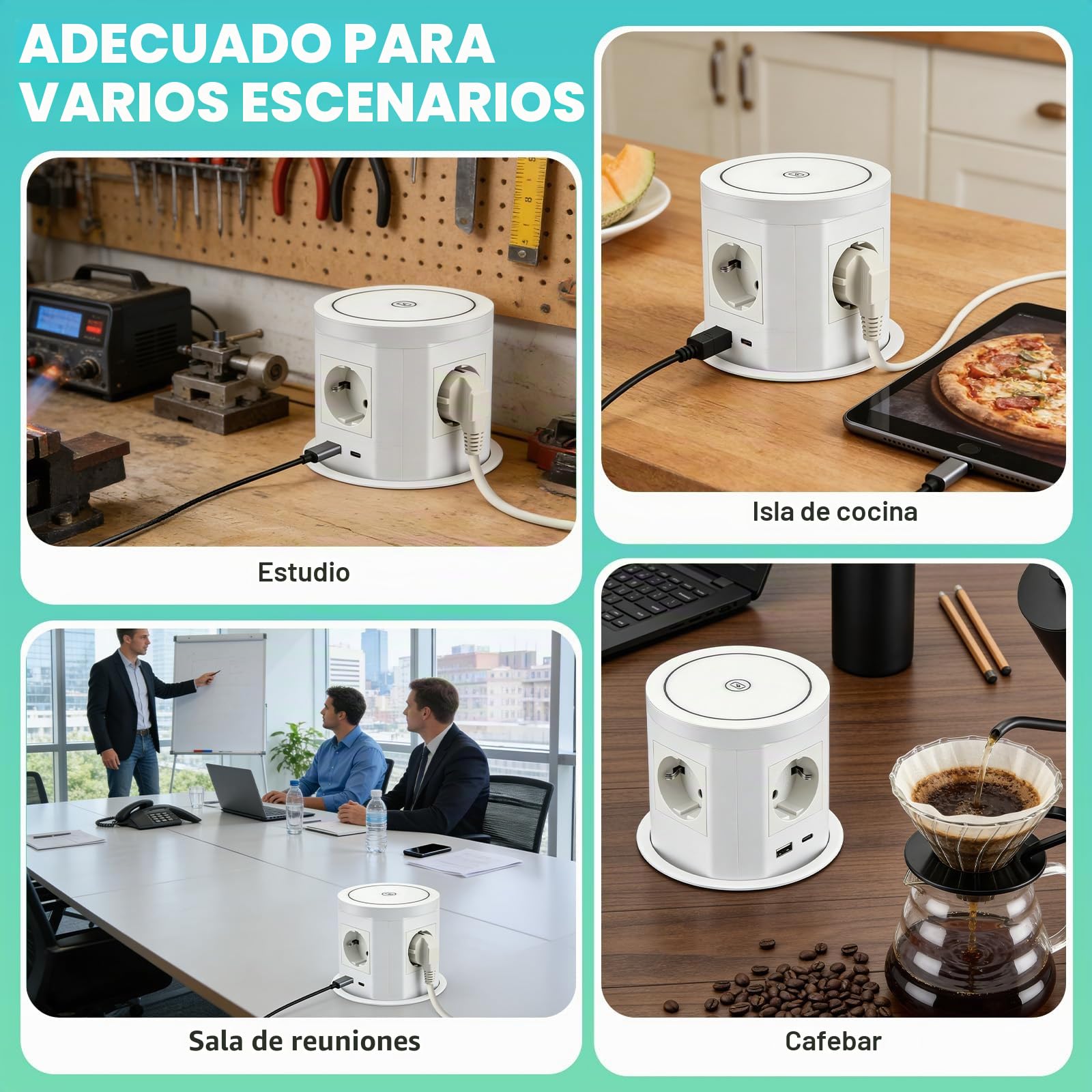Enchufe Empotrable Retractil con PD USB-C PD 75 W, 8 en 1 Regleta de Alimentación de Mesa, 4 Enchufe de Mesa Retráctil con Carga Inalámbrica de 15 W para Encimera, Escritorio