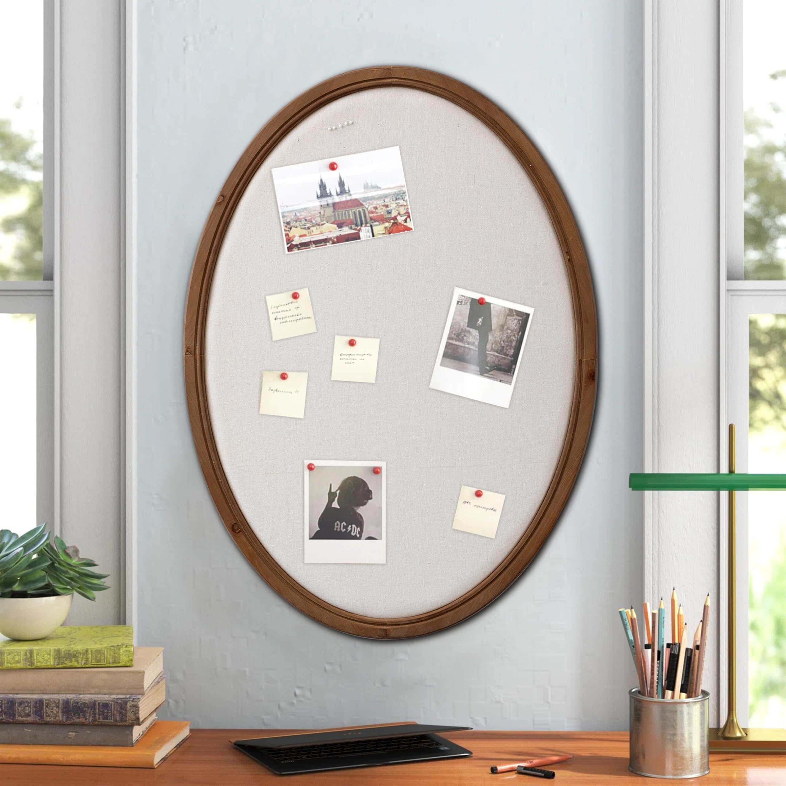 SOFE Große, ovale Pinnwand, Bauernhaus-Stoff-Pinnwände, 83 x 61 cm | Wandmontierte dekorative Sichttafel für Büro, Zuhause, Büro, Schule, mit Nadeln, braun, vertikal/horizontal