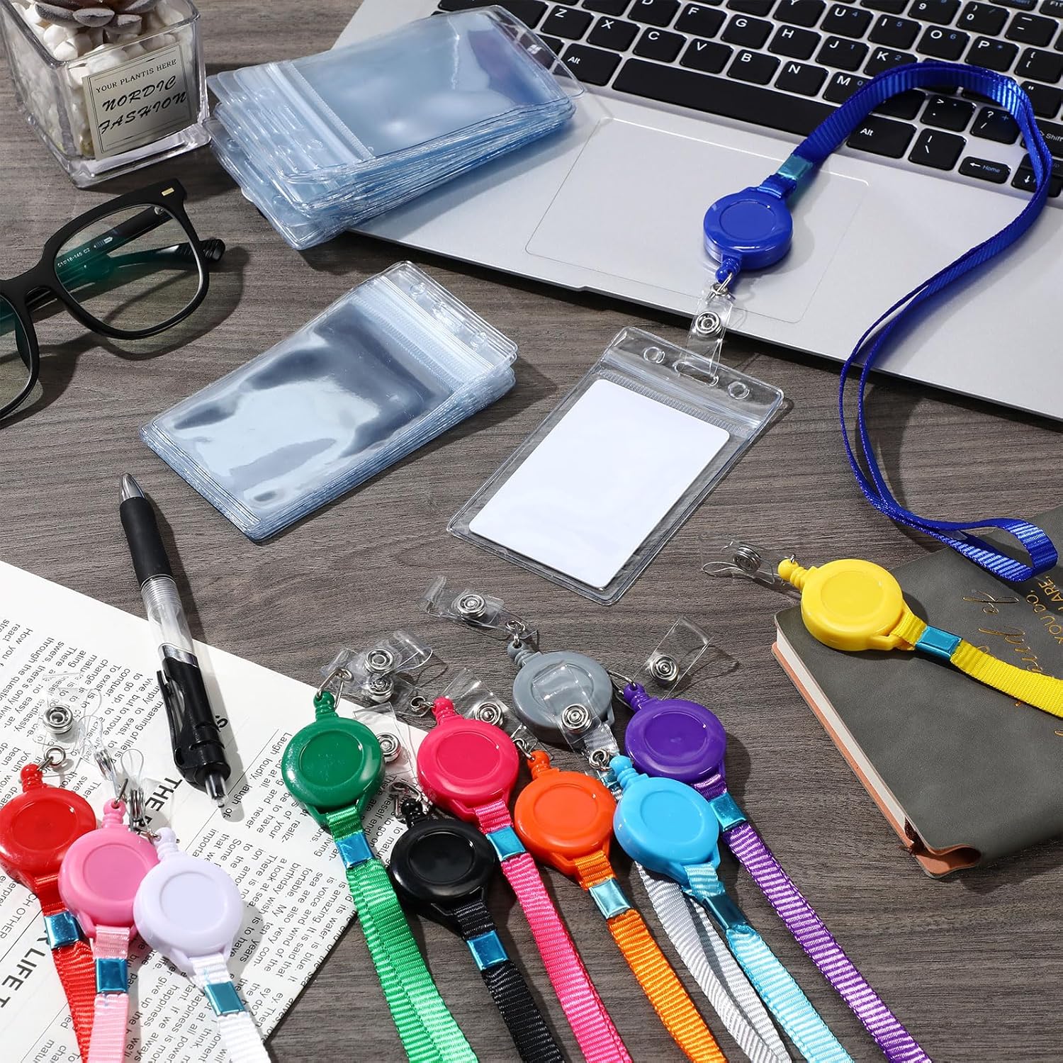 Marspark 50 Set Lanyard with ID Holder Include Flat Lanyard with Retractable Badge Reel and Clear Vertical Card for Offices (12 Colors)