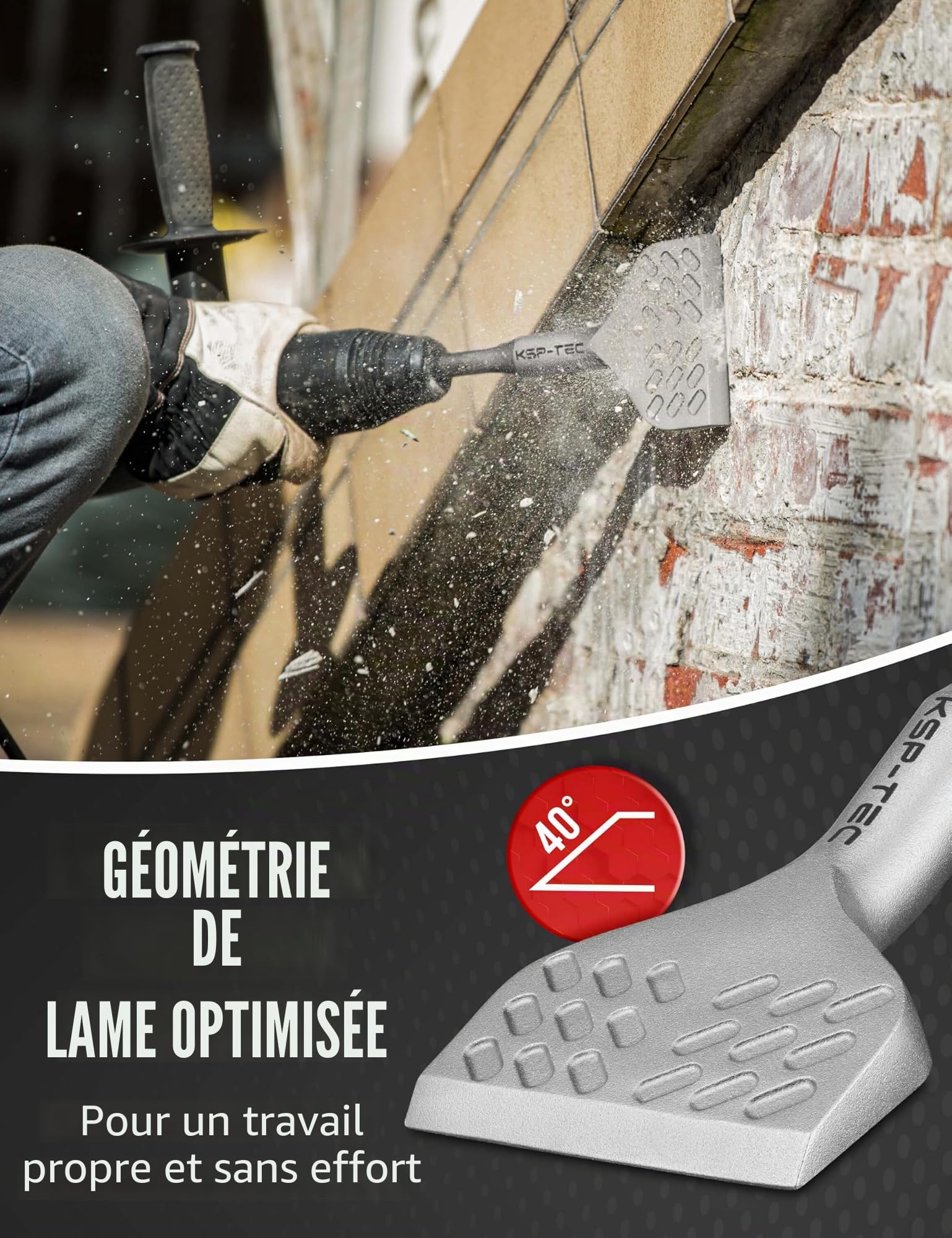 KSP-TEC - Burin à carrelage SDS Plus 75 mm x 165 mm coudé à 20° – Géométrie idéale pour enlever les carreaux et la colle à carrelage (burin SDS Plus)