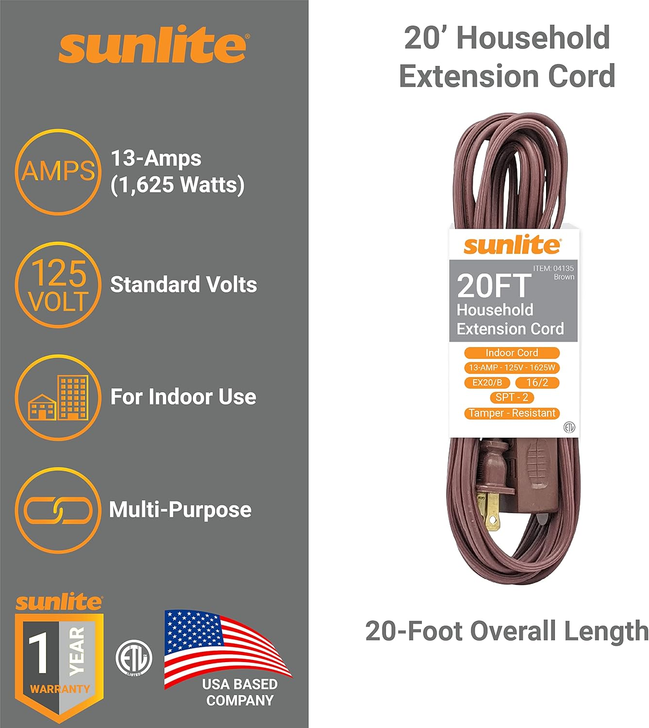 Sunlite 04135 20-FT Household Extension Cord, Three 2-Prong Polarized Sockets, Tamper Guards, Indoor Use, for Small Appliances, Electronics, Lamps, ETL Listed, SPT-2, 1625 Watts 13 Amps, 125V, Brown