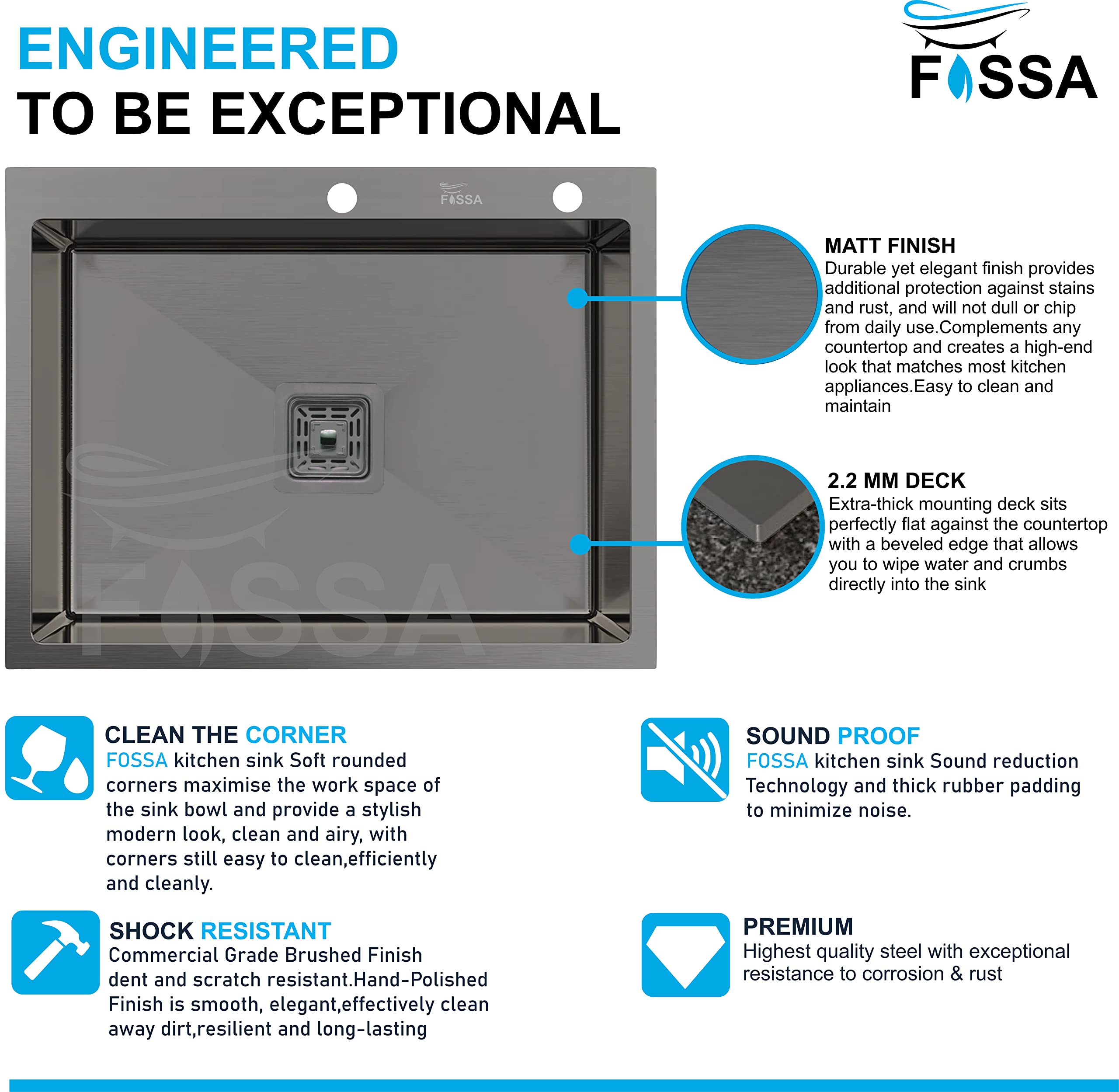 Fossa 5-Year Warranty 24"x18"x10" inch Single Bowl With Tap Hole Premium Stainless Steel Handmade Kitchen Sink Black (Matte Finish) 1