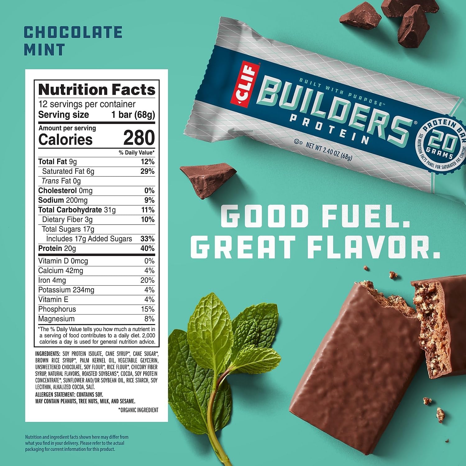 CLIF BUILDERS - Protein Bars - Chocolate Mint - 20g Protein - Gluten Free (2.4 Ounce, 12 Count)