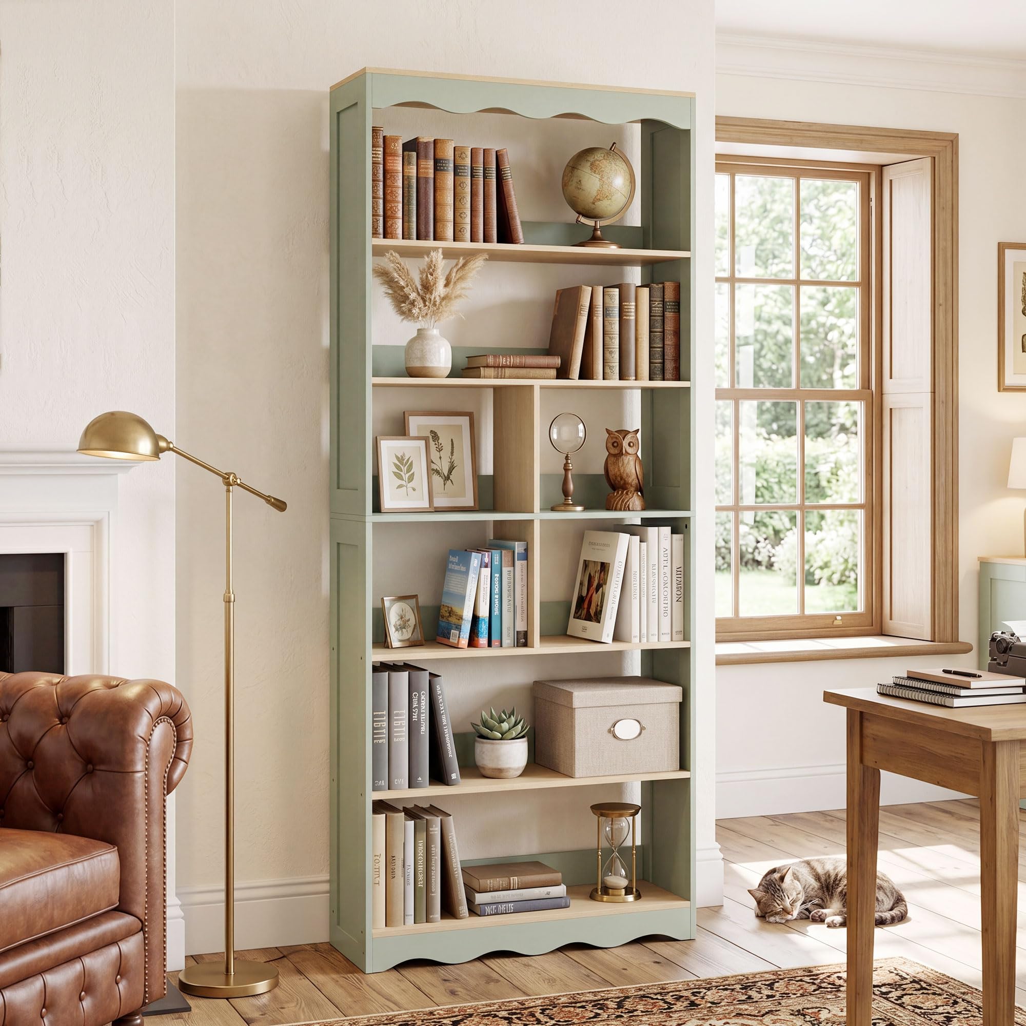 HOMCOM Bibliothèque, étagère de Rangement à 6 Niveaux avec 6 Compartiments Ouverts, Meuble de Rangement pour Salon, Bureau, Chambre, 76 x 23,8 x 180 cm, Bois Naturel et Vert