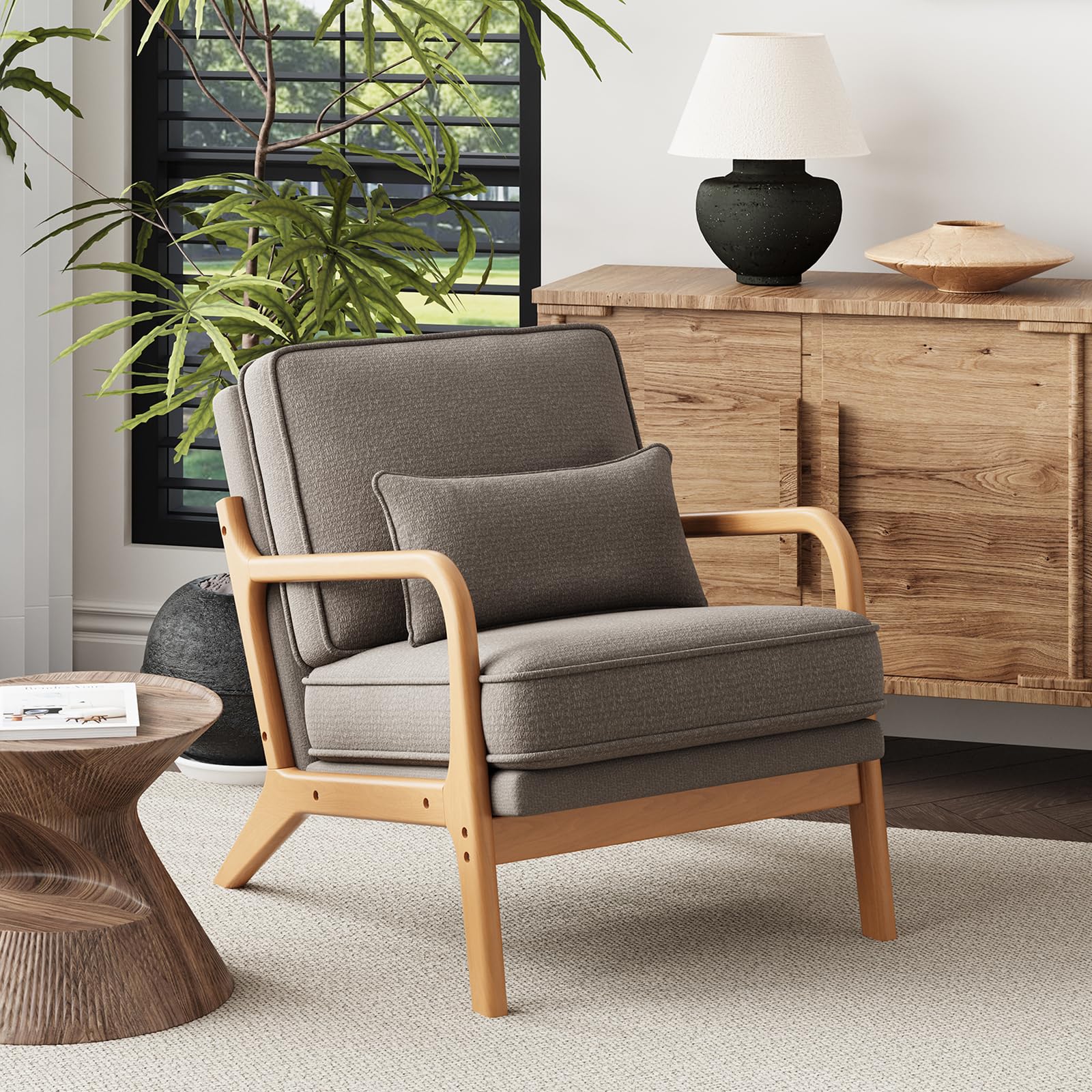 COLAMY Sessel Wohnzimmer Mid-Century Modern 2er Set, Loungesessel mit Lendenkissen, Massivholzrahmen & weichem Polster, bequemer Lesesessel für Wohnzimmer und Schlafzimmer, grau