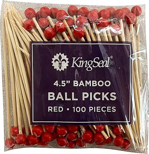 Miniatura 2 de KingSeal - 200 selecciones especiales de bambú para fiestas de cóctel, 4.5 pulgadas, cabeza de bola roja, perfectas para aperitivos y cócteles,