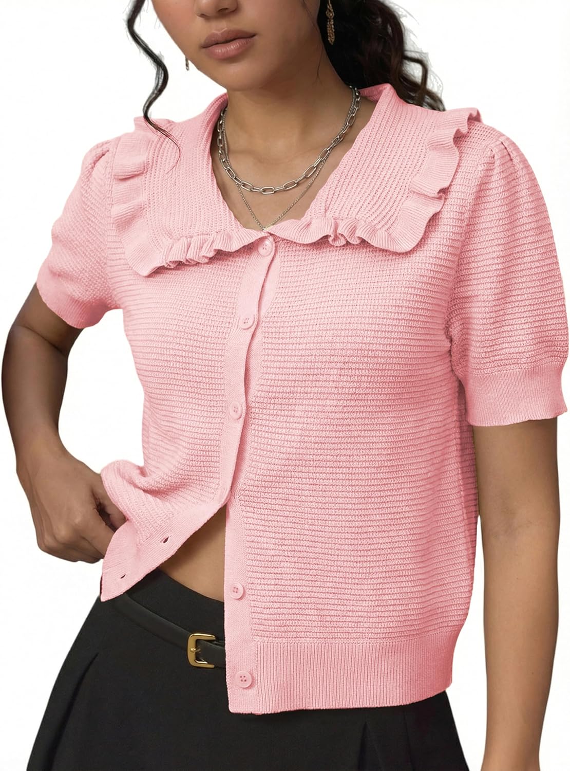 Watashi Womens Short Sleeve Sweaters Casual Button Down Ruffle Collared Puff Sleeve Knit Spring Summer Sweater Top