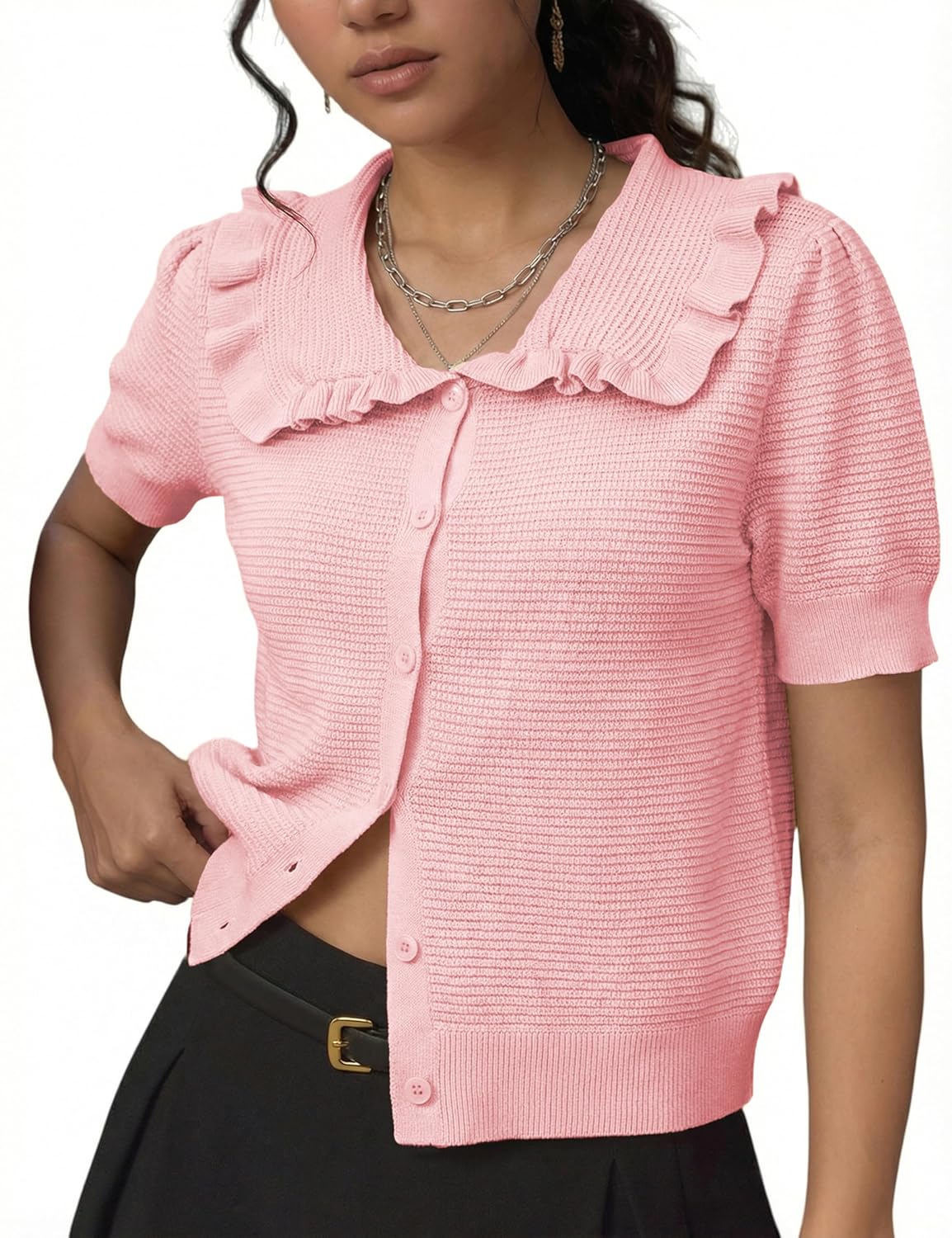 Watashi Womens Short Sleeve Cardigan Casual Button Down Ruffle Collared Lightweight Knittwear Summer Sweater Top