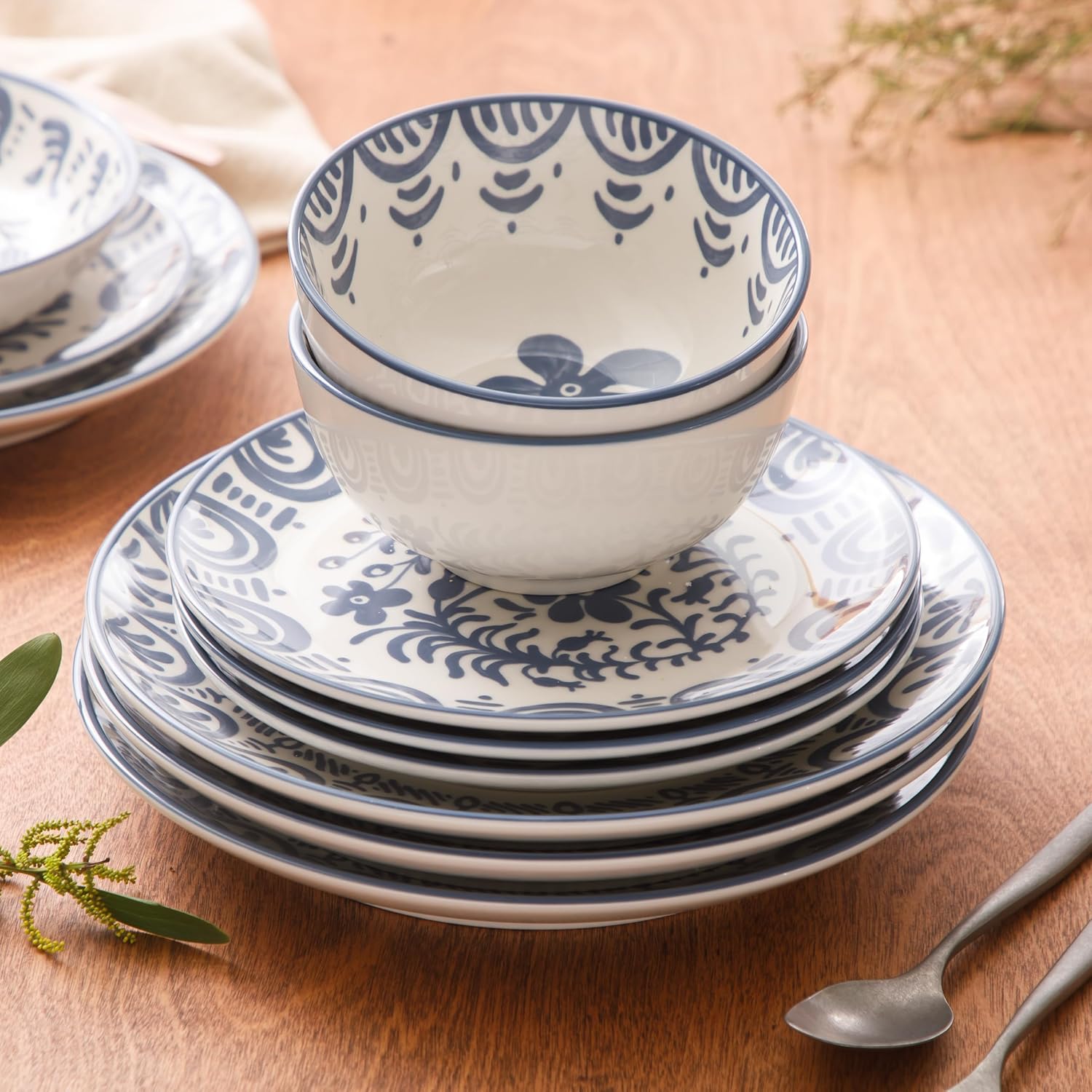 Bloomhouse - 2-Time Oprah’s Favorite Things - Valencia Flor 16 Piece Dinnerware Set, Artisanal Decorated Stoneware Plates & Bowls, Service for 4, Microwave & Dishwasher Safe, Iris Blue