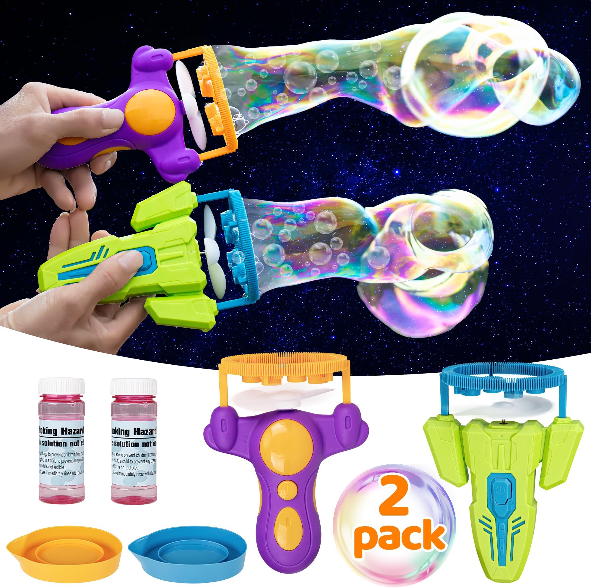 2 Pack Bubble Machines, Bubble in Bubble Guns for Kids and Toddlers, Bubble Blower Bubble Maker for 3 4 5 6 7 8 9 Years Old Boys and Girls, Ideal Summer Toys Party Favors Birthday Gifts, Green&Purple