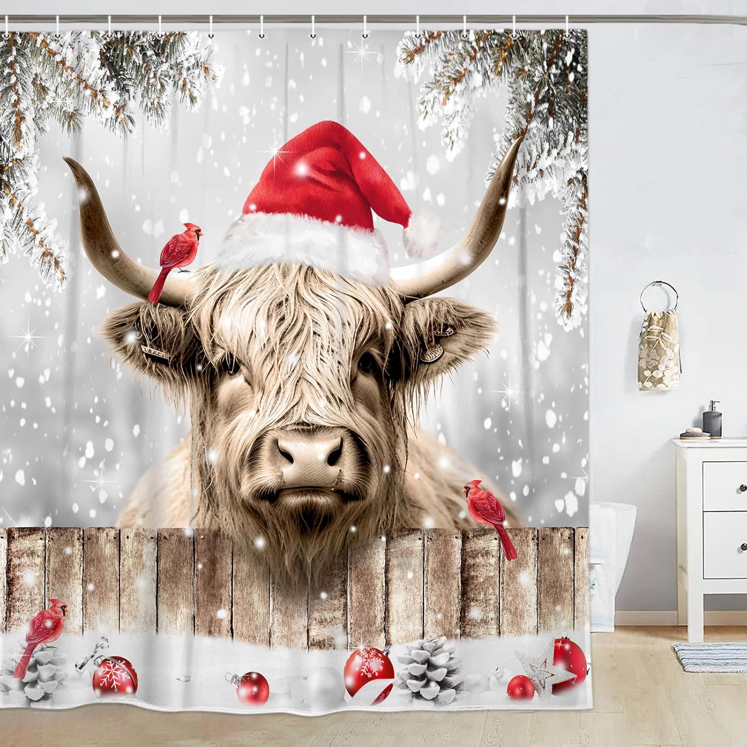 Christmas Highland Cattle Cow Bull With Birds Farmhouse Shower Curtain Set, Snowy Xmas Ball Bathroom Curtain With Hooks, 72x84 Inches