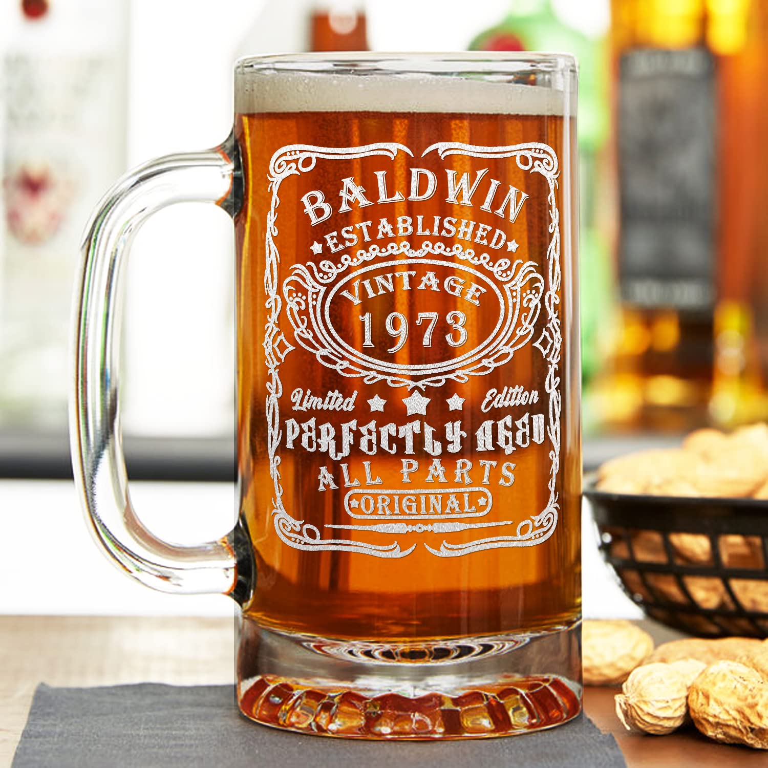 Cuptify Personalized Beer Glass 52nd Birthday Perfectly Aged 52 Years Old 1973 Etched 25 oz Glass Beer Mug Drinking Glasses for Men and Women