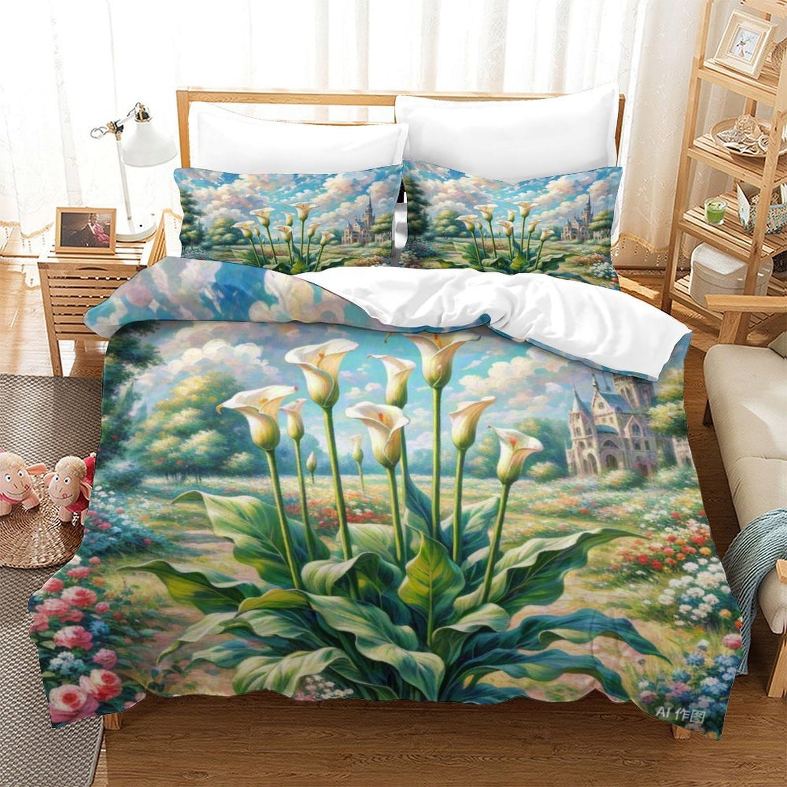 Housse de couette Calla Lily 3D anti-froissement en microfibre avec fermeture éclair