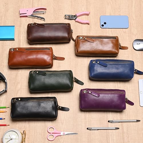 Miniatura 6 de WONDERPOOL Estuche para bolígrafos de cuero real, soporte para rotuladores, bolsa de gran capacidad con bolsillo lateral con cremallera para