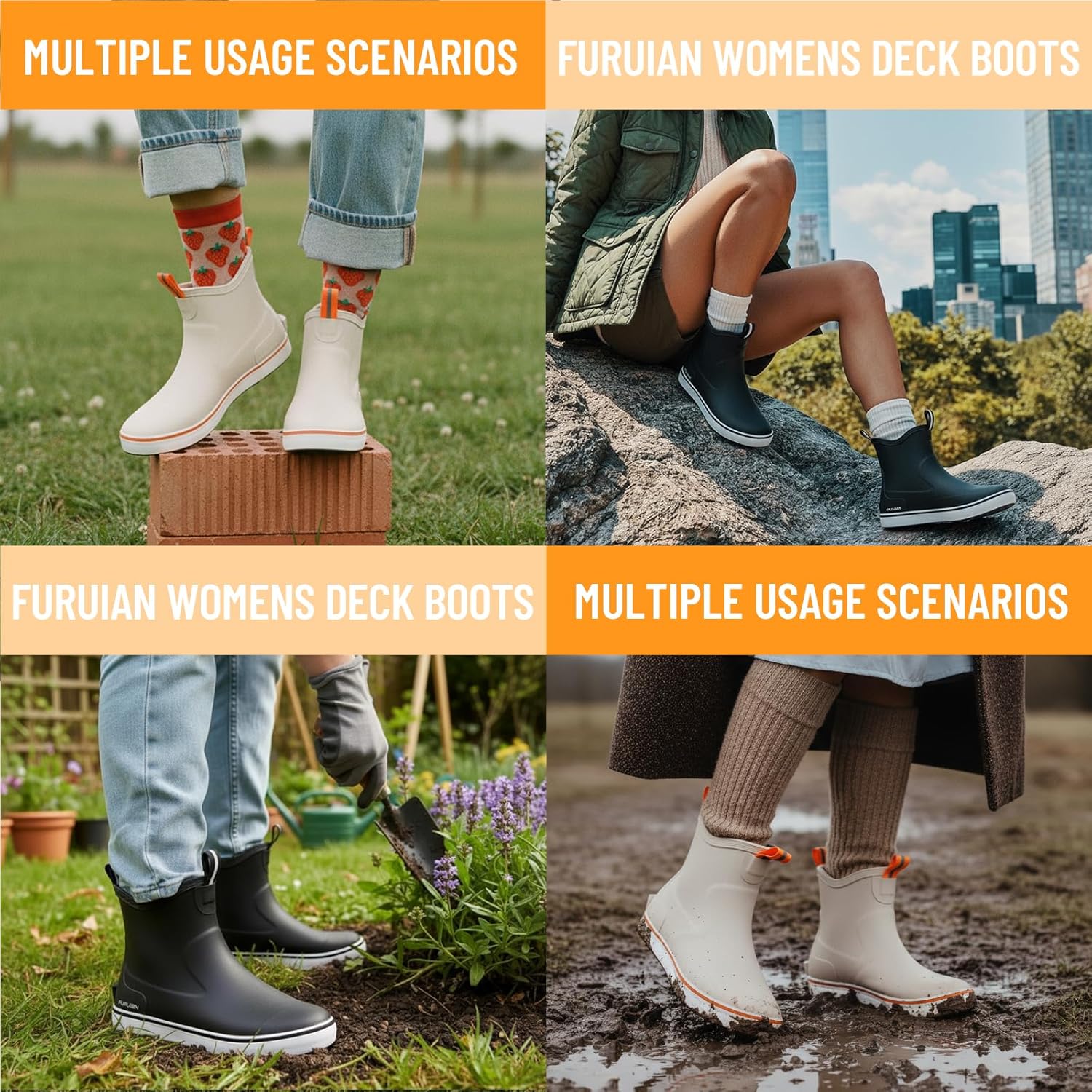 Furuian Women's Deck Boots Waterproof Ankle Rain Boots Rubber Fishing Boots Outdoor Chelsea Booties Garden Boots Work Shoes for Boating, Camping, Farming