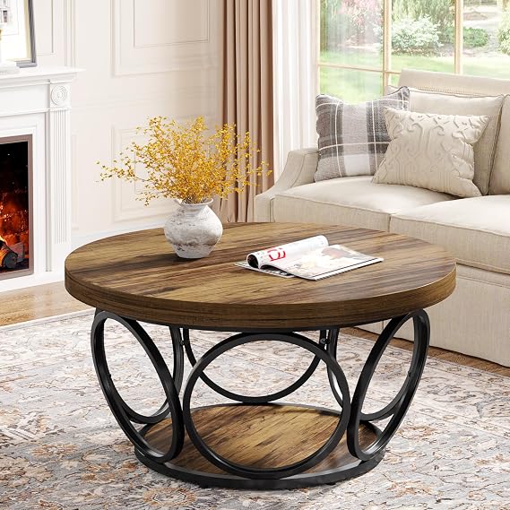 Tribesigns Round Coffee Table,80cm Round Wood Center Table, Farmhouse Large Circle Coffee Tables with 2-Tier Storage, Modern Simple Tea Table (Brown)