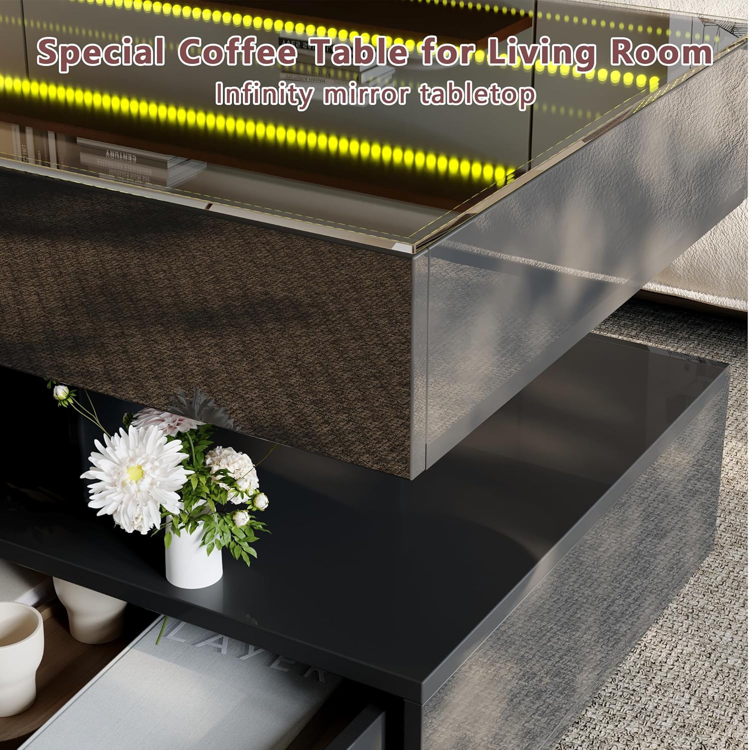 47.2" Large High Glossy LED Coffee Table with 2 Storage, Endless Depth Modern Center Table with Open Shelf, Mirror Coffee Table for Living Room, Black