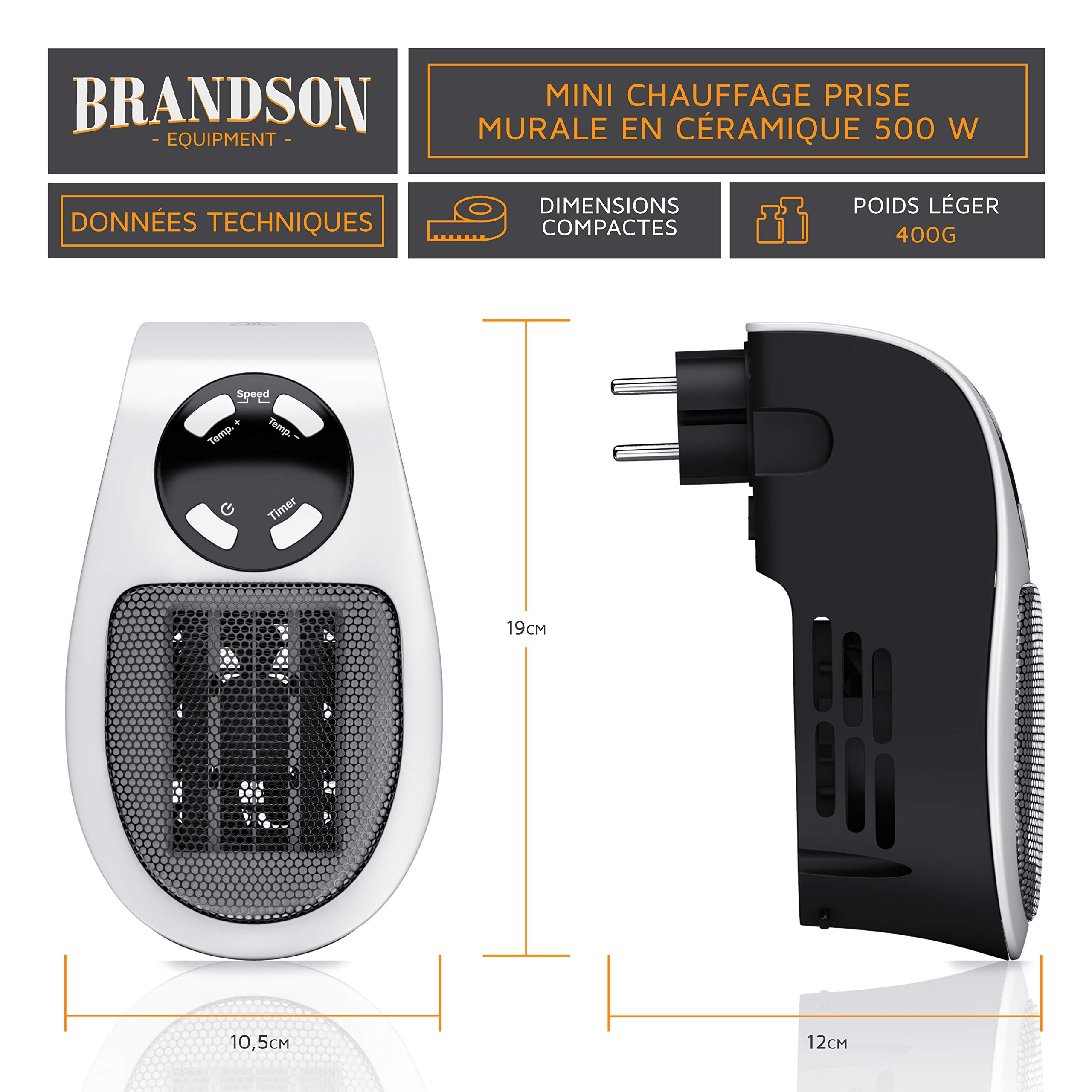 Brandson - Mini chauffage soufflant céramique 500W - Mini radiateur soufflant avec télécommande - Minuterie 1 à 12h - Thermostat 15° à 30° - fiche électrique pivotante à 90° - salle de bain, bureau