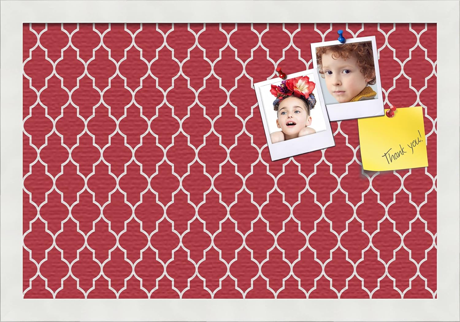 PinPix 18x12 Custom Cork Bulletin Board Quarterfoil Red Poster Board with a Canvas Style Photo Board, Framed in Satin White Frame (PinPix-484)