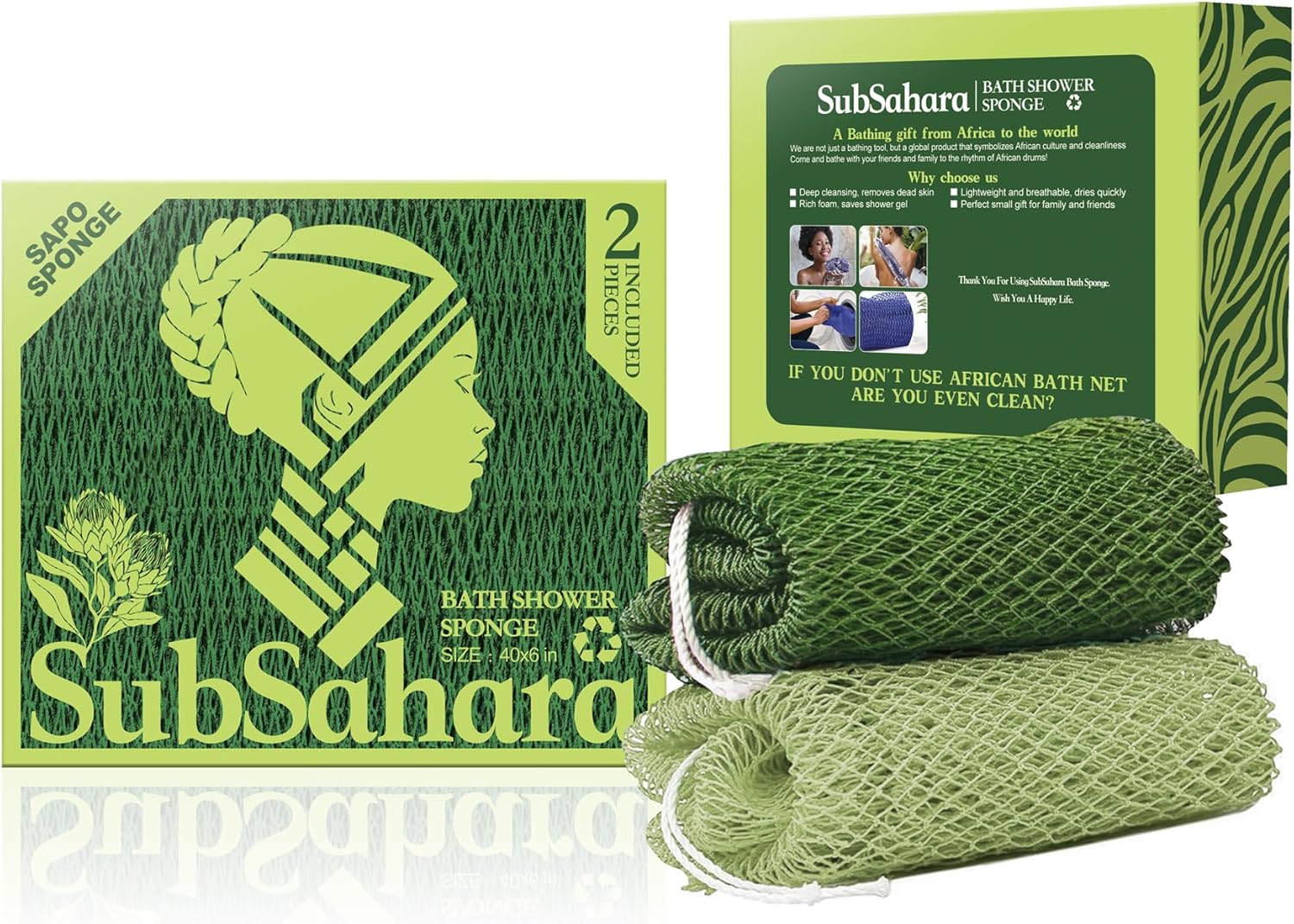 SubSahara Authentic African Net Sponge - 2 Pack Exfoliating Bath & Shower Loofah Sponge for Body & Face, Gentle Scrubber for All Skin Types, Travel, Durable (Olive Green & Light Green) - Image 7