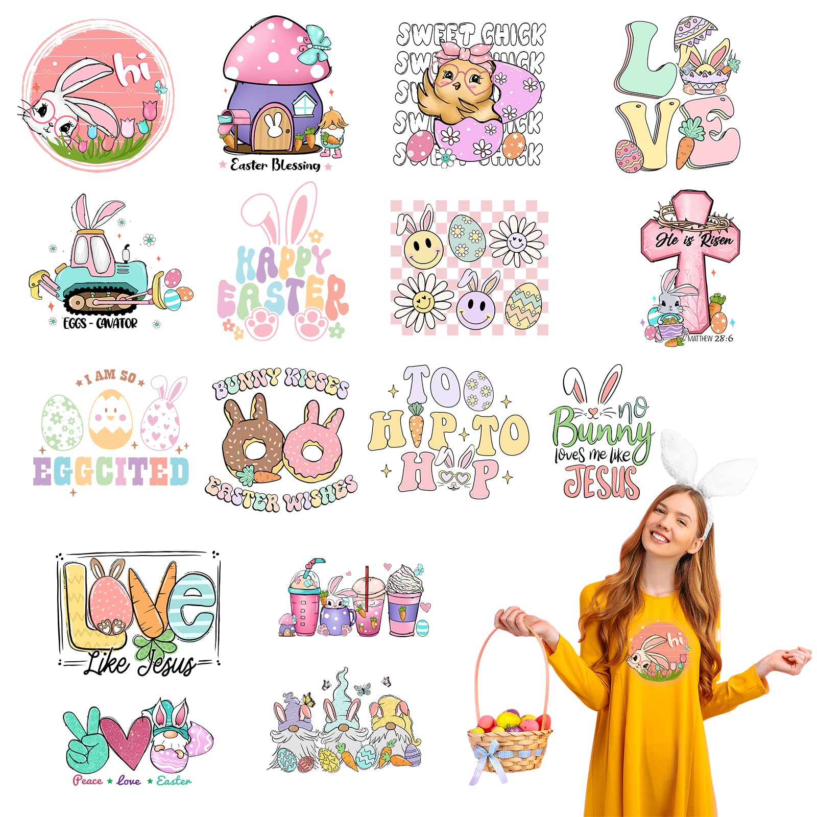 Photo 1 of ***BUNDLE 3 PACK*** Easter Iron on Transfers Designs Patches Appliques for T Shirts 16 Pcs Heat Transfer Vinyl Sticker for Clothes Pillow Covers Bag Hat DIY Craft Supplies
