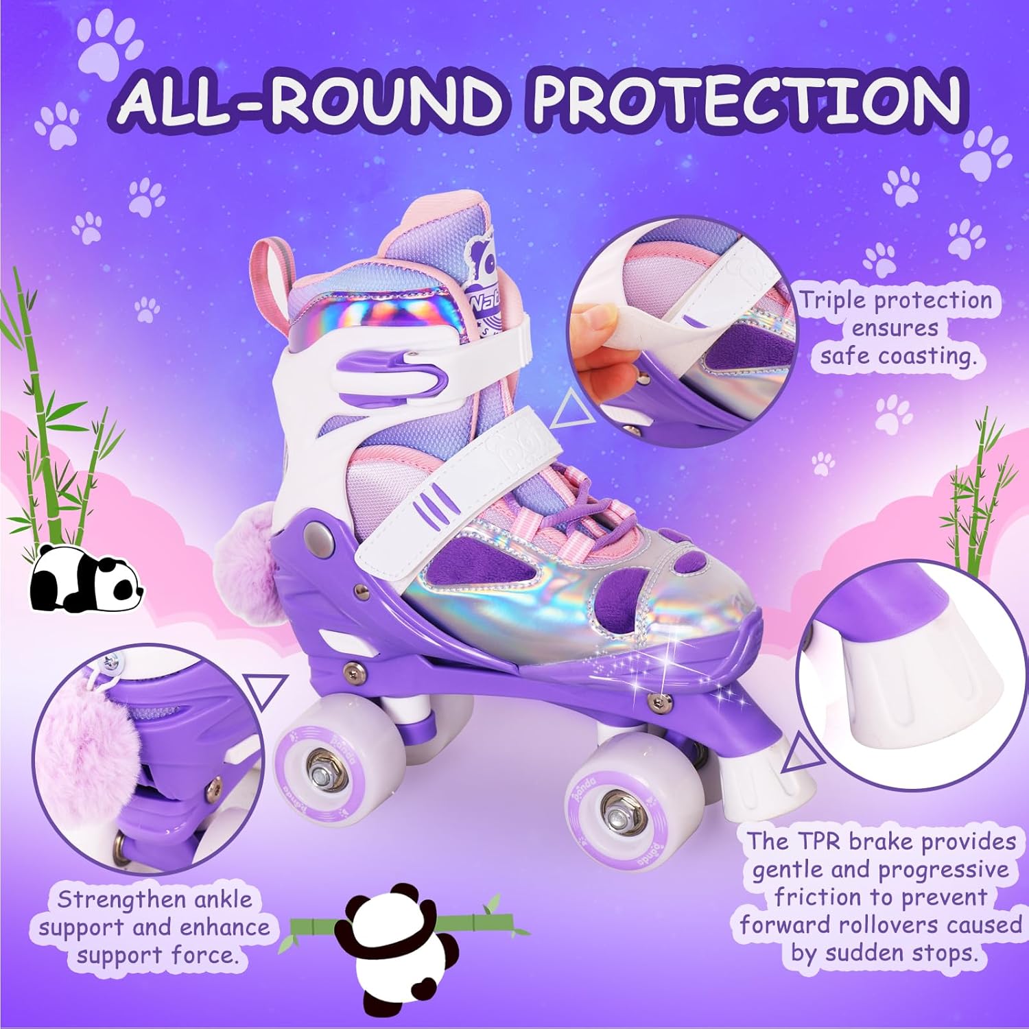 Nattork Kids Roller Skates for Girls Boys, 4 Size Adjustable Panda Quad Skates with All Light up Wheels, Beginner Roller Skates - Birthday Gift for Outdoor Indoor