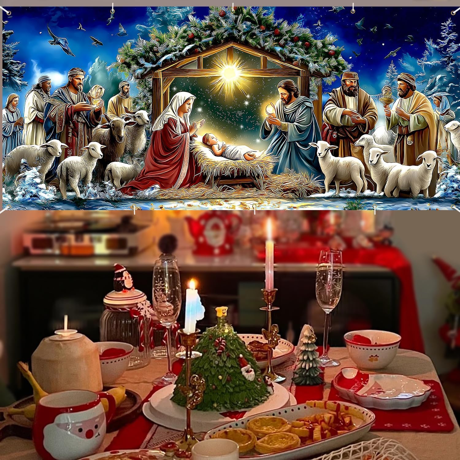 13x6Ft Religious Garage Door Banner - Nativity Scene with Holy Family, Shepherds and Animals in Stable Large Hanging Covers, Outdoor Inspirational Holiday Decor