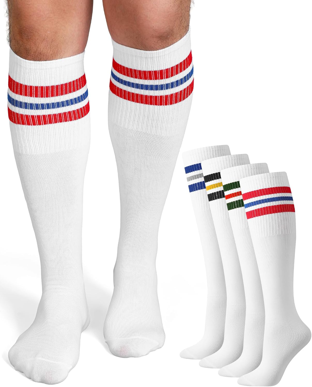 Shihanee 4 Pairs Striped Tube Socks for Men School Cotton Athletic Triple Stripe Knee High Sock Size 10-13