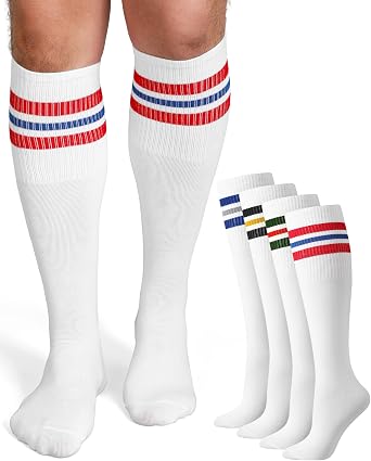 Shihanee 4 Pairs Striped Tube Socks for Men School Cotton Athletic Triple Stripe Knee High Sock Size 10-13