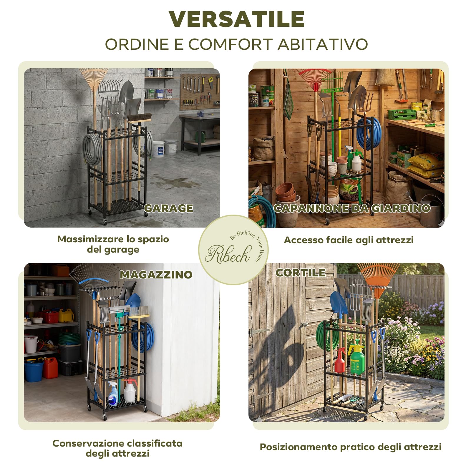 Carrello Organizzatore 3 Ripiani con Ruote – Scaffale Mobile per Attrezzi, Giardino, Cucina & Garage, in Metallo, Nero