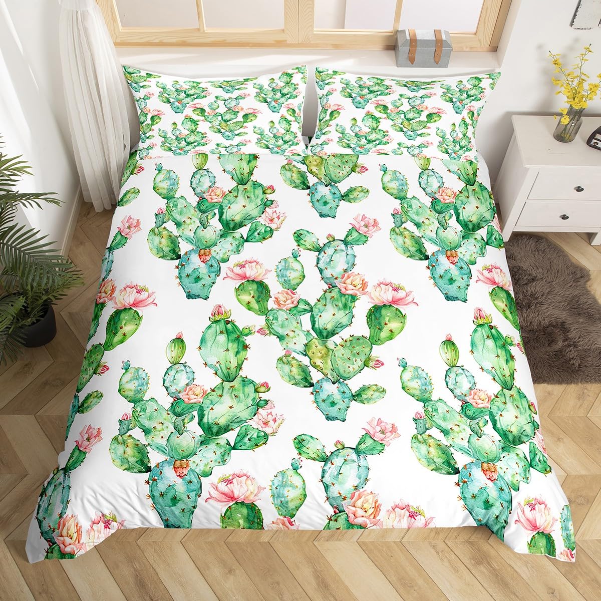 Homemissing Boho Succulent Duvet Cover Set King Size for Kids Boys Girls Cactus Flower Themed Bedding Set Green Plants Duvet Cover with 2 Pillowcases Thorny Plants Bedding โ image 1