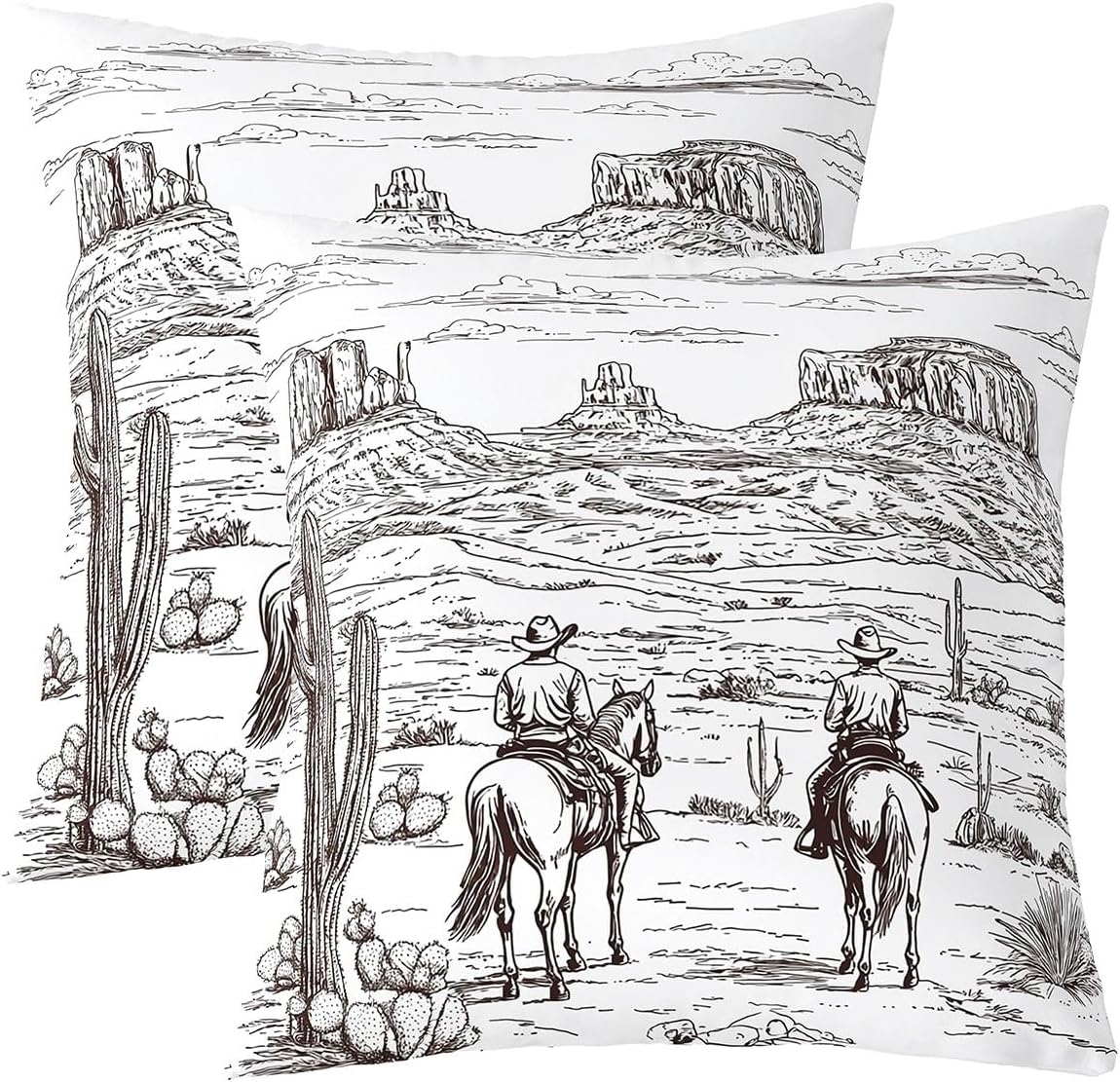Set of 2 Cowboy Throw Pillow Covers 24x24 Inch Western Pillow Covers Wild West American Desert Rustic Hand Drawn Illustration Cushion Covers for Boys Adults Men Girls Rustic Farmhouse Cushion Cases