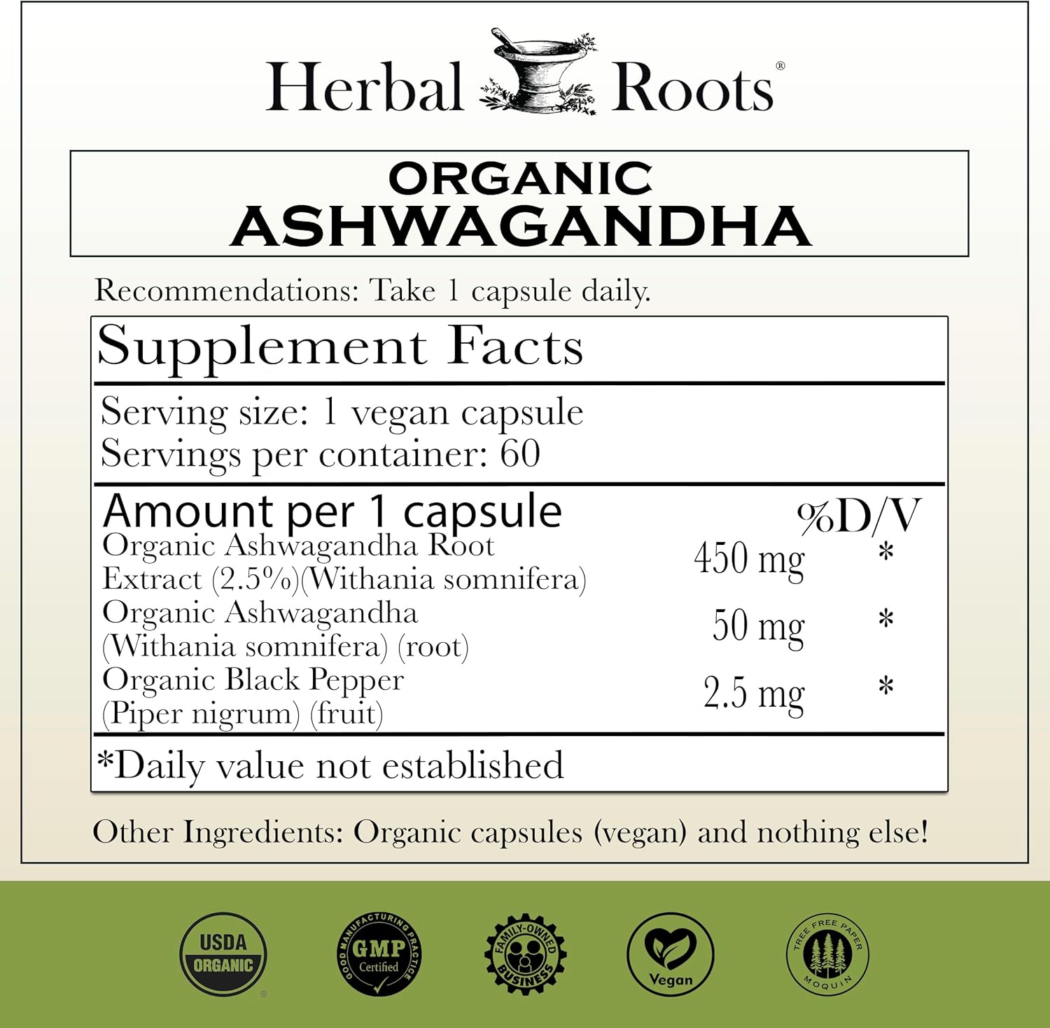 Herbal Roots Ashwagandha Capsules | Extra Strength 1,000mg per Serving | Ayurvedic for Overall Health for Men and Women | 60 Vegan Capsules