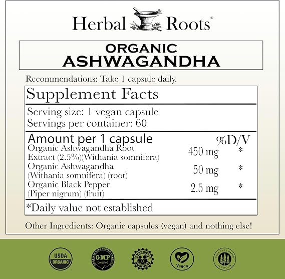 Herbal Roots Organic Ashwagandha Capsules - Extra Strength - 2 Month Supply - Certified USDA Organic - 60 Vegan Capsules