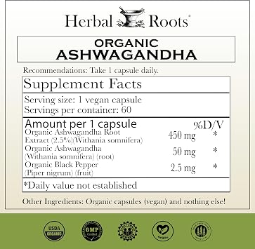 Herbal Roots Organic Ashwagandha Capsules - Extra Strength - 2 Month Supply - Certified USDA Organic - 60 Vegan Capsules