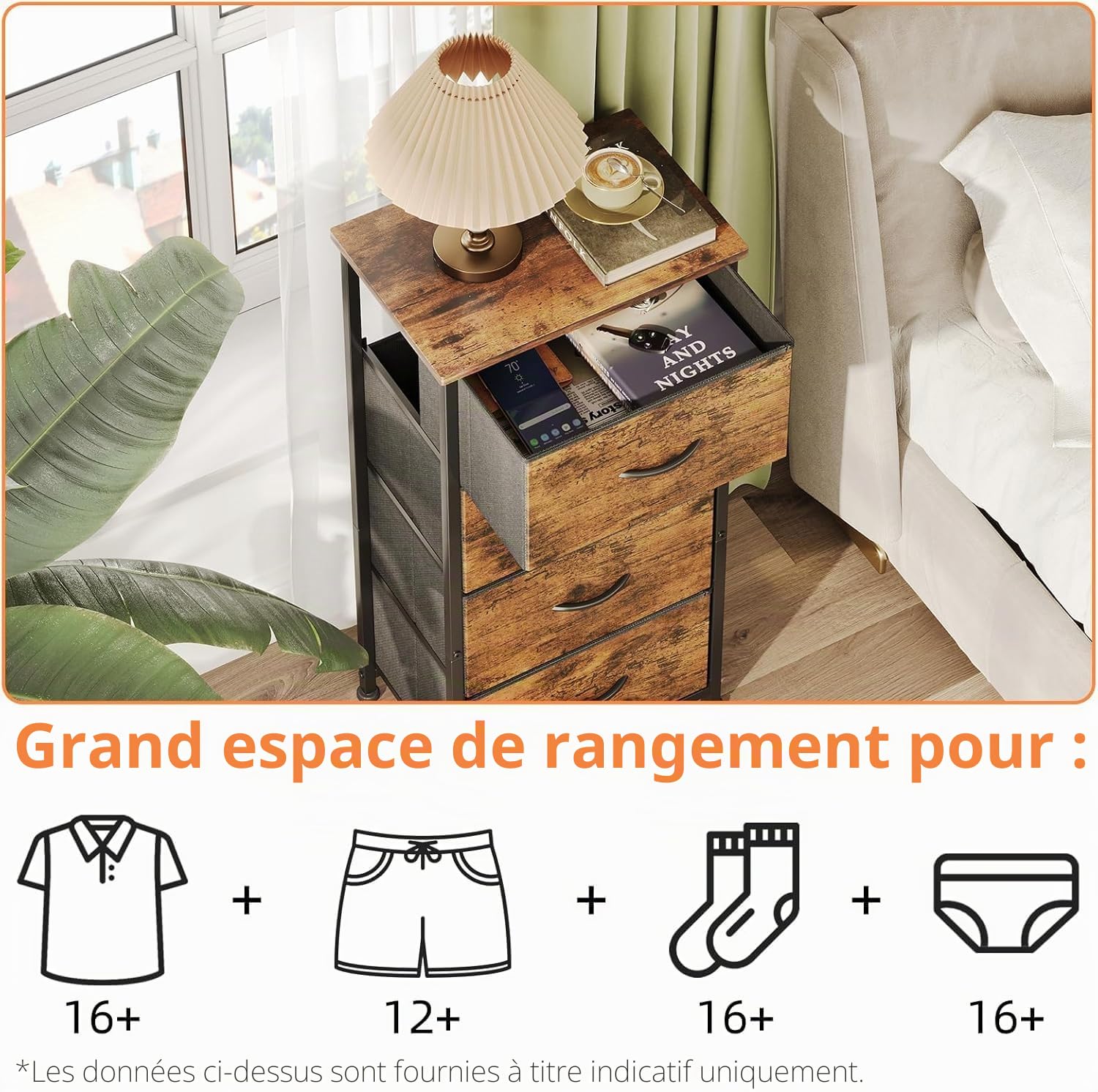 CAIYUN Commode 4 Tiroirs, Meuble de Rangement à Tiroirs en Tissu, pour Chambre à Coucher, Couloir, Entrée, Salon, Cadre en Métal, Plateau Bois, Marron