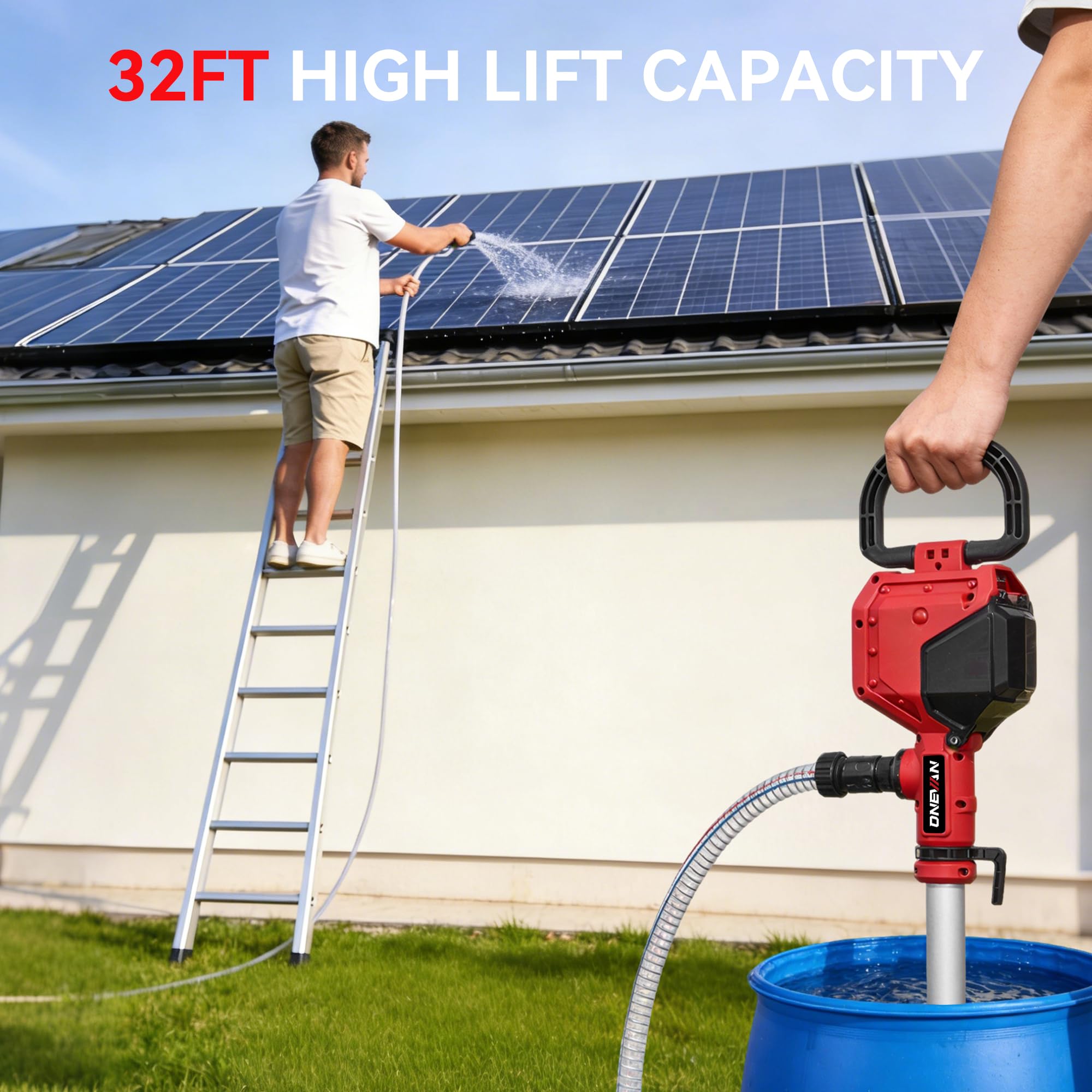 ONEVAN Pompa dell'acqua a batteria con asta telescopica, senza spazzole, senza fili, 21 V, 10 m, portata 2740 l/h, tubo da 2 m, 2 batterie da 3000 mAh, per giardino, piscina, acqua piovana
