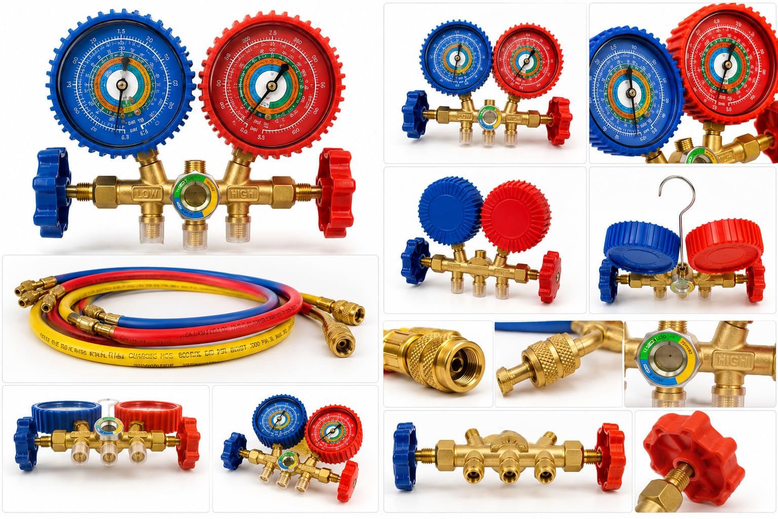 AC Manifold Gauge Set, Brass, Blue and Red, with Hoses, for R22 R134A R410A Refrigerant, HVAC Diagnostic Tool-image-33