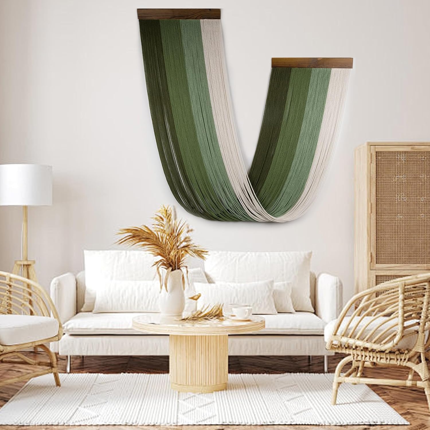 LB Green Macrame Wall Hanging Large, Boho Tapestry Wall Hanging Macrame Wall Art Handmade Yarn Woven Wall Art Modern Home Decor Headboard Wall Decor for Bedroom Living Room Dorm Nursery, 16x32 Inch
