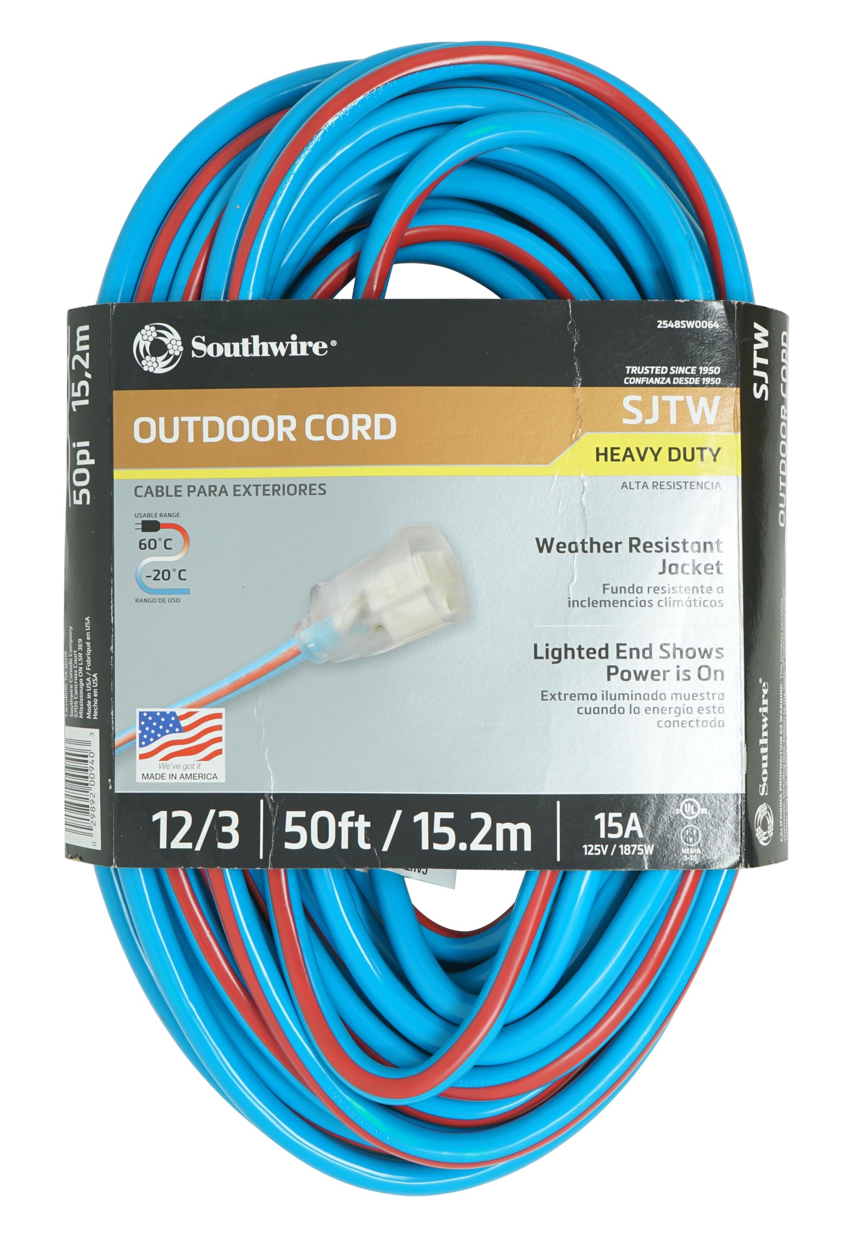 Southwire Heavy Duty Extension Cord, 50Ft, 12 Gauge, 3 Conductor, Neon Extension Cord, SJTW, Blue and Red, 2548SW0064