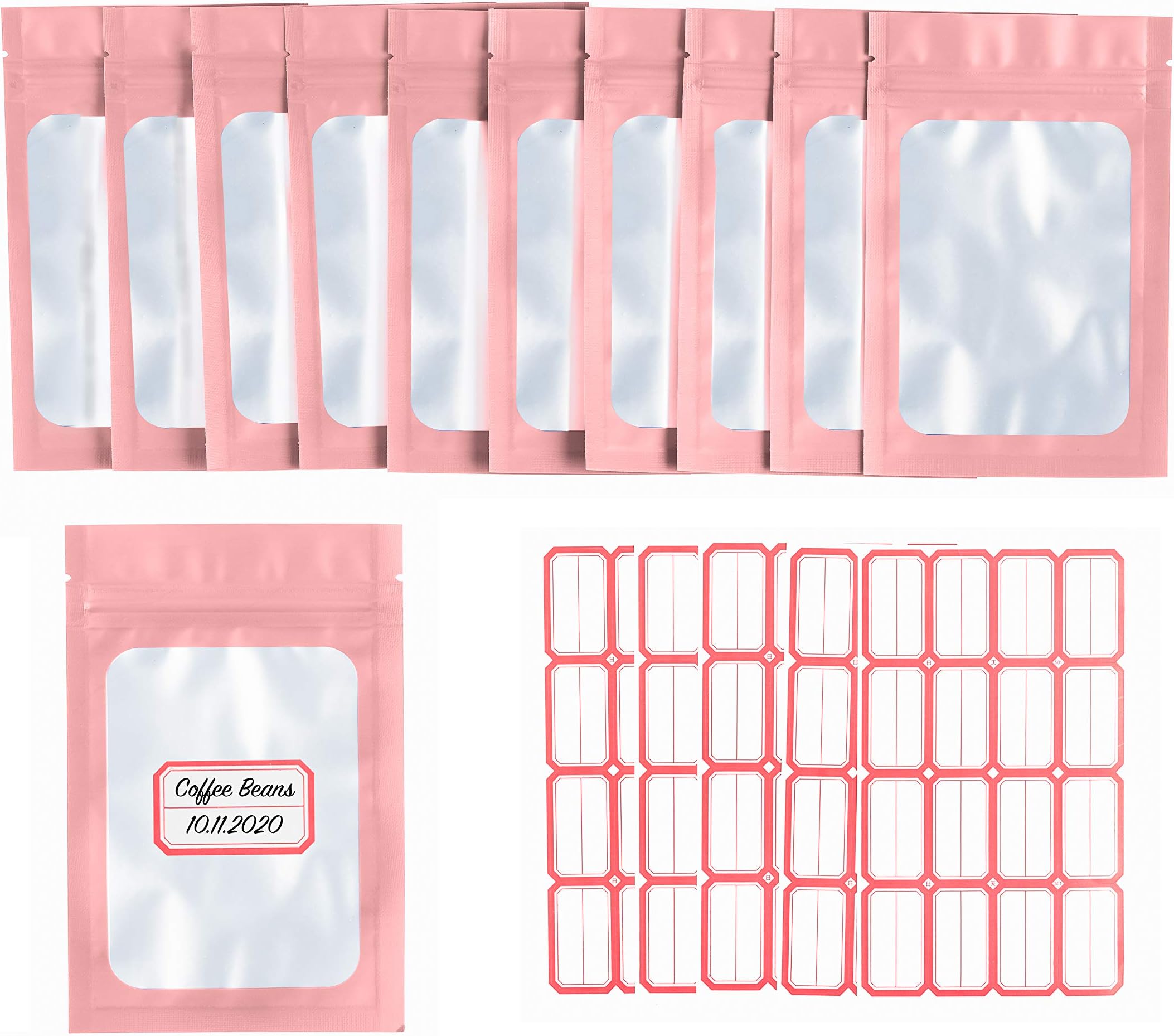 100 Pack Matte Red Mylar Foil Pouches With Clear Window – 3x5 Resealable Zip Seal