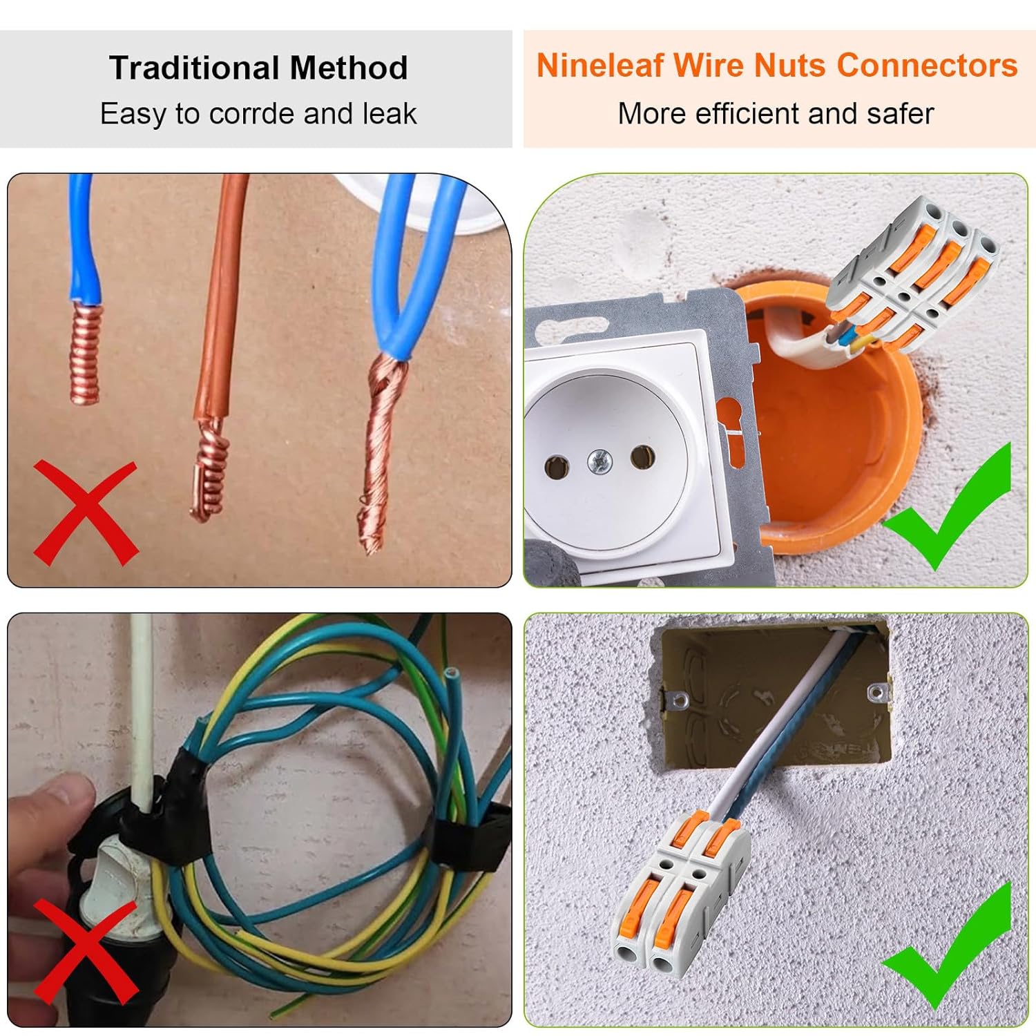 Nineleaf Lever Wire Connectors, 180PCS Quick Connect Inline Wire Splicing Kit, 1 in 1 Out Compact Electrical Terminals for 28–12 AWG Solid & Stranded Wire, Reusable Orange Connectors