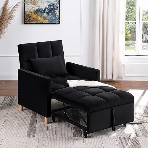 Sofá cama convertible 3 en 1 con almohada, respaldo ajustable y tela de terciopelo suave, cama extraíble para sala de estar, dormitorio,