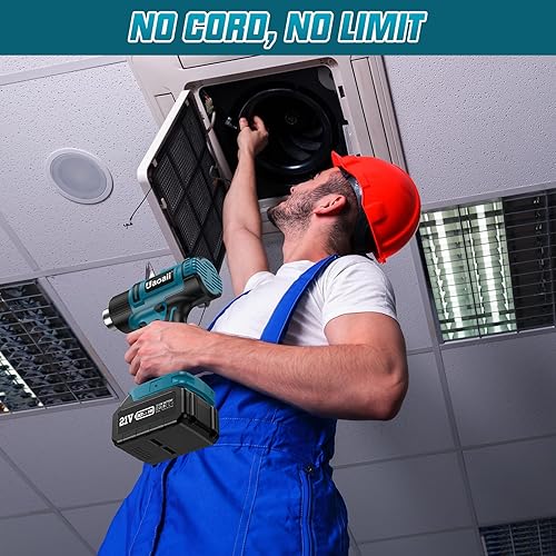 Miniatura 8 de Pistola de calor inalámbrica, pistola de aire caliente de 21 V con 2 baterías recargables de 4.0 Ah, 4 boquillas, luz LED y maleta, 2 ajustes de