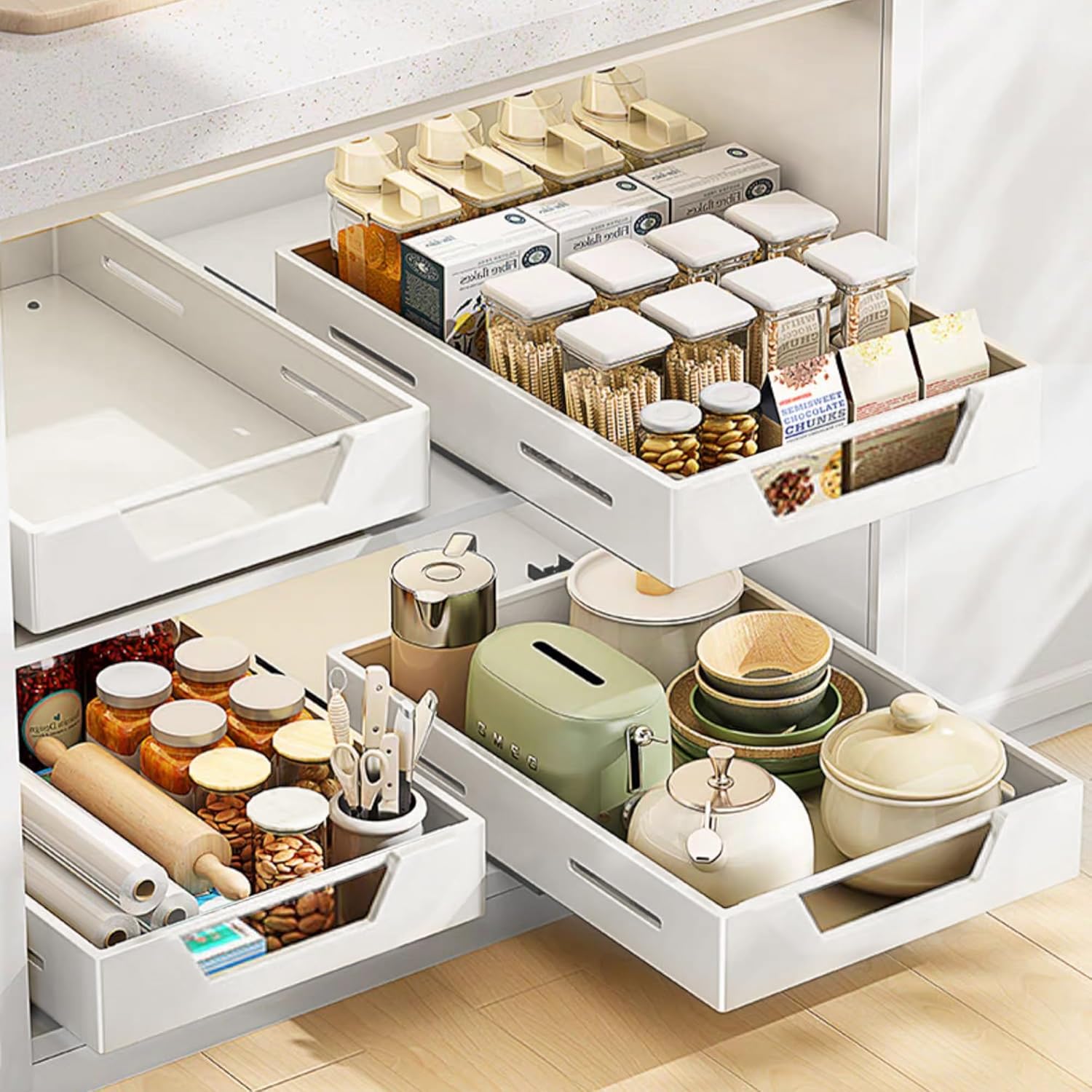 bealy Pull Out Drawer for Cabinet 12" W x21 D x 3.1" H Carbon Steel Cabinet Drawers Slide Out, Pantry Storage Shelves with Nano Adhesive for Kitchen, Bathroom and Living Room(white)