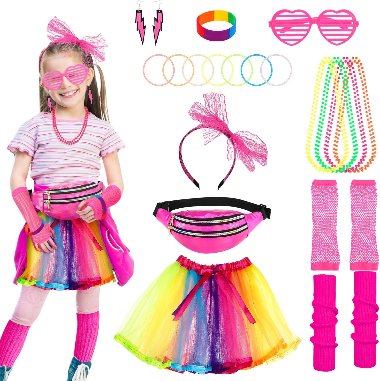 80s Fancy Dress Costume for Kids Toddlers,26Pcs 1980s Costume Accessories Set Tutu Skirt Leg Warmers Fishnet Gloves Necklace Bracelets Lace Bow Headband Earrings Glasses