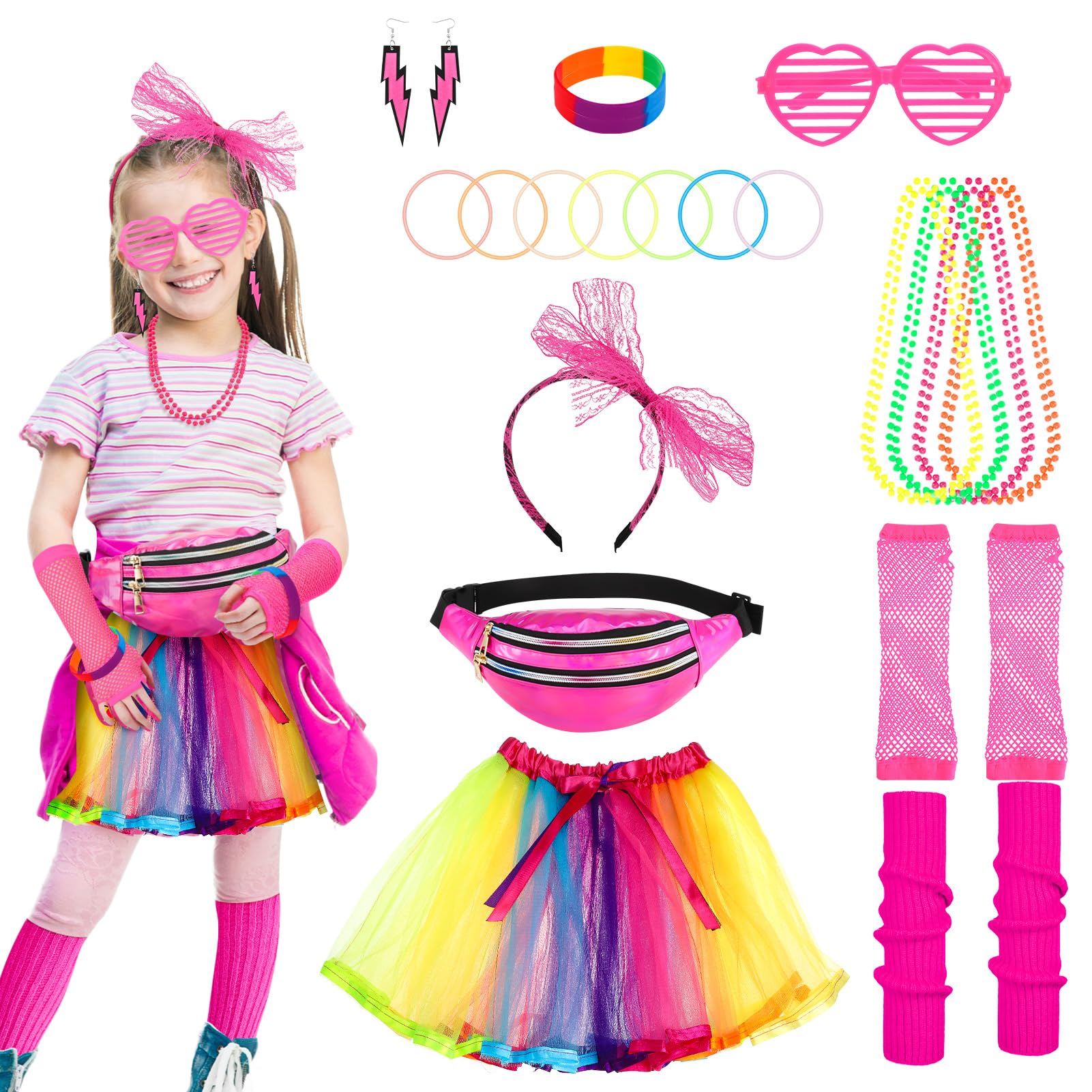 80s Fancy Dress Costume for Kids Toddlers,26Pcs 1980s Costume Accessories Set Tutu Skirt Leg Warmers Fishnet Gloves Necklace Bracelets Lace Bow Headband Earrings Glasses